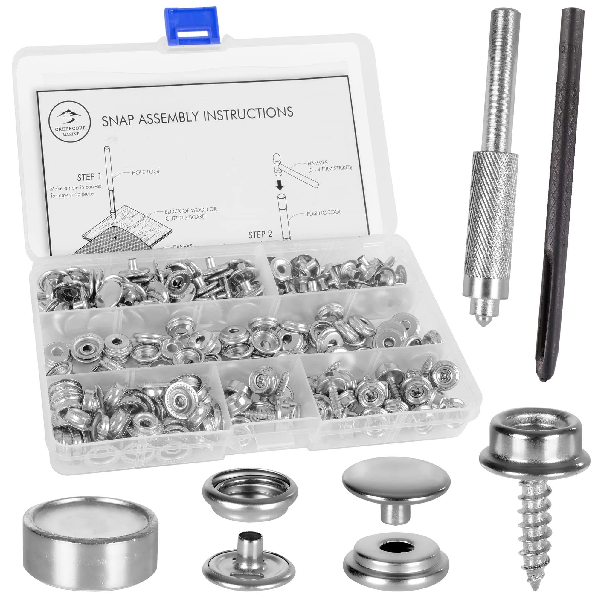 CreekCove Marine Canvas Snap Button Kit 228 Piece - Marine Grade Stainless  Steel Snaps
