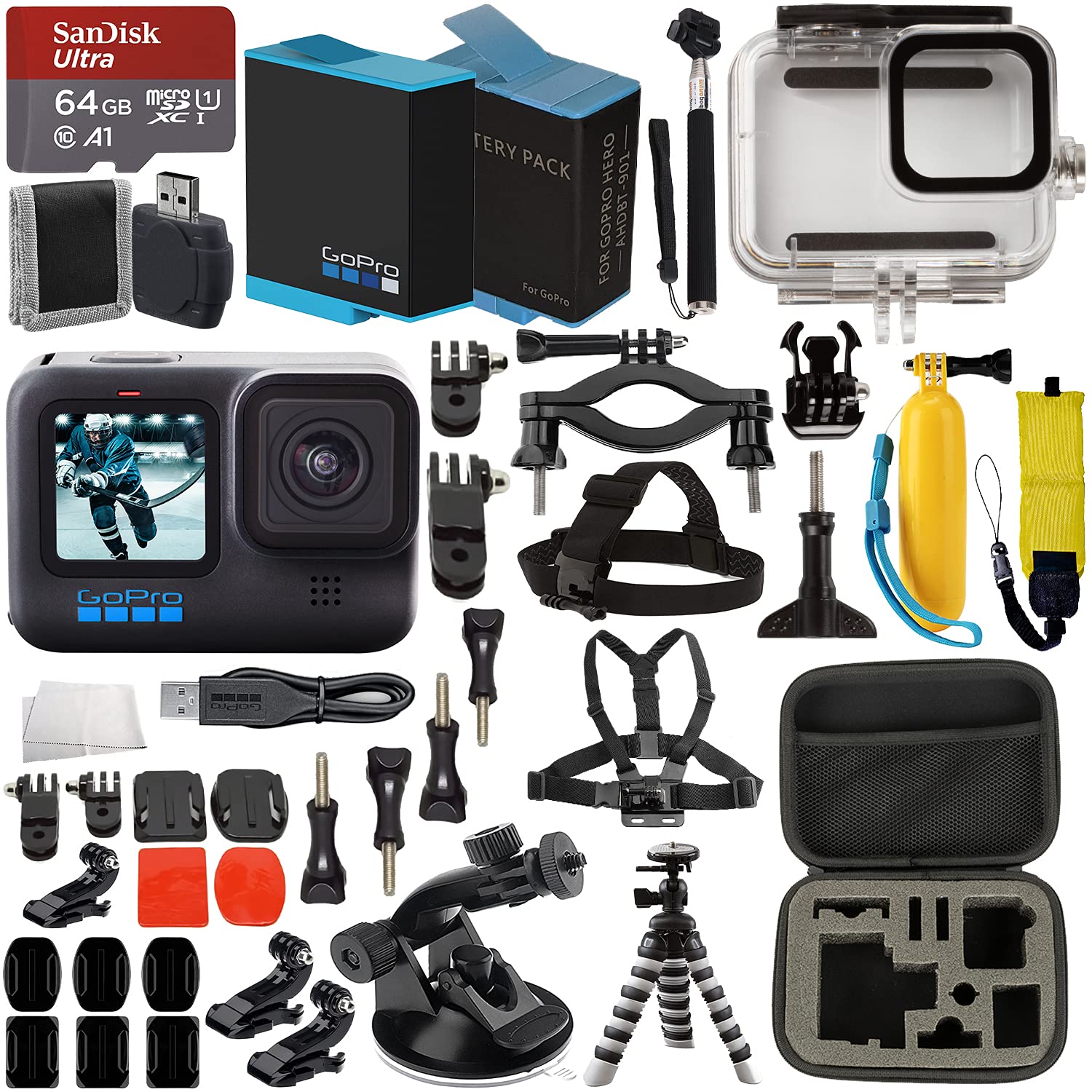 SSE GoPro HERO10 (Hero 10) Black with Starter Accessory Bundle: 1x  Replacement Batteries, Water Resistant Action Camera Case, Chest & Head  Straps with