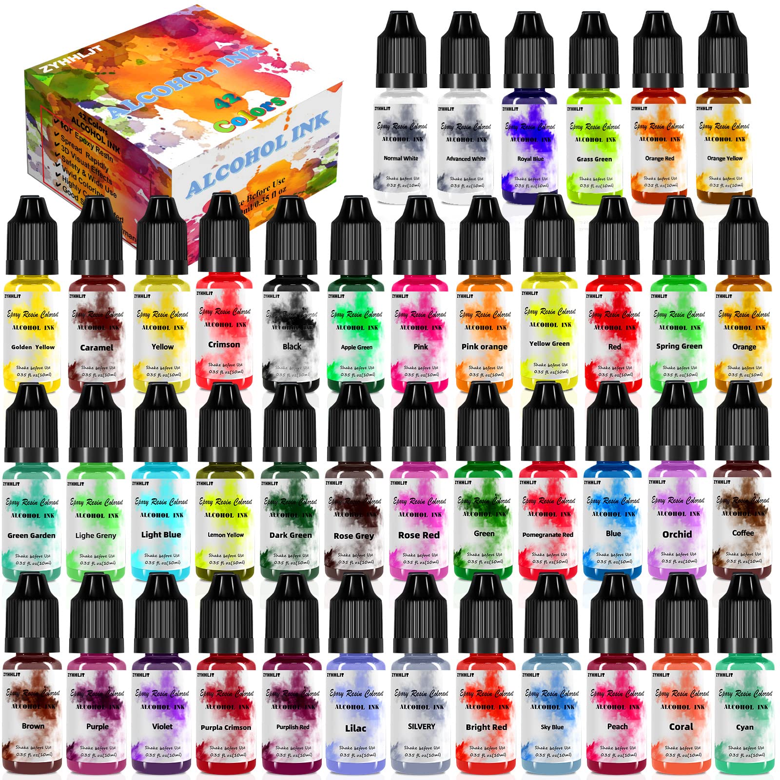 Alcohol Ink Set 42 Bottles Vibrant Colors High Concentrated Alcohol-Based  Ink, Concentrated Epoxy Resin Paint Colour Dye, Great for Resin Petri Dish,  Painting,Tumbler Cup Making,Coaster,10ml Each