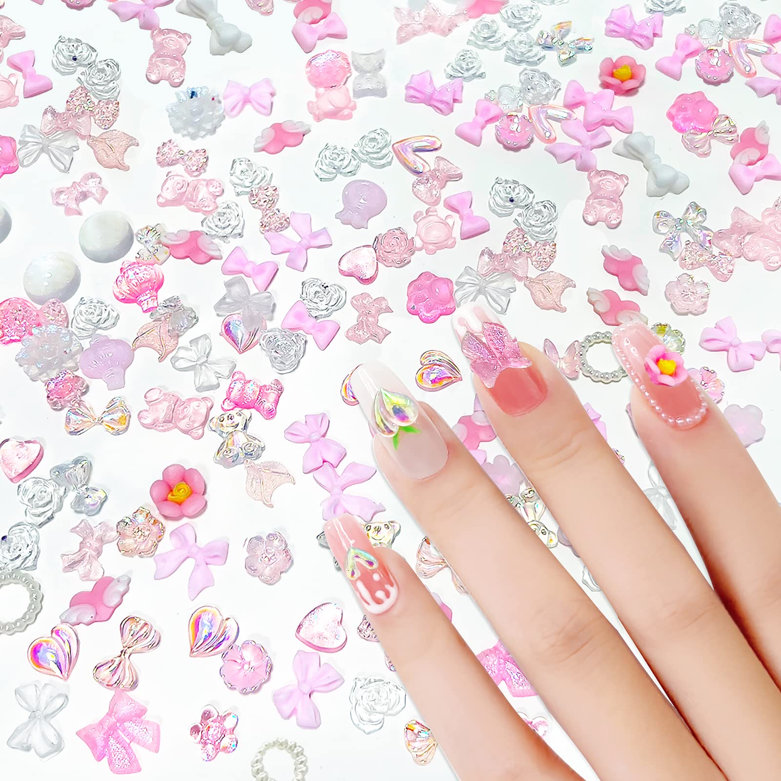 200pcs Nail Pink Flower Charms with Gold/Silver Nail Art Beads Decor DIY  Nail