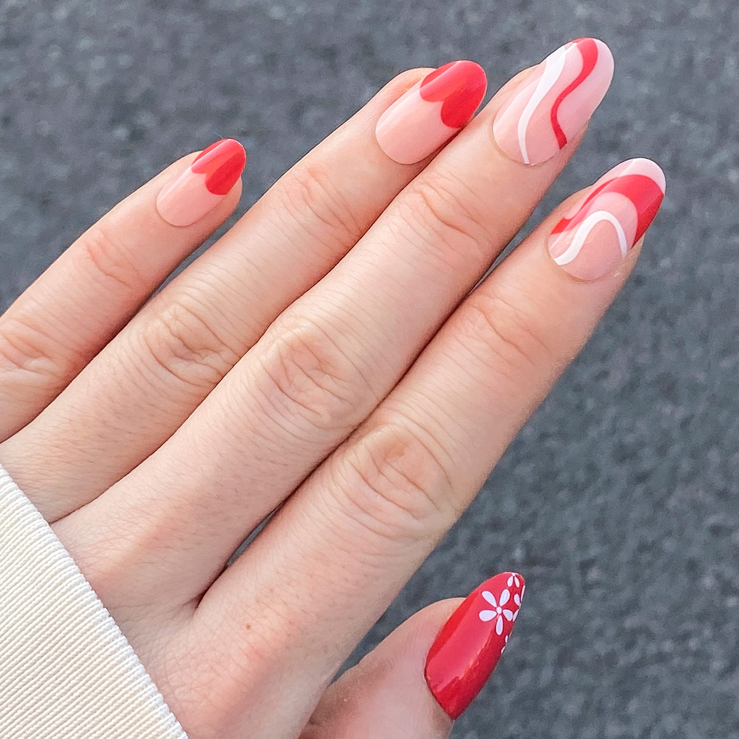 Red Press on Nails Medium Almond Fake Nails Short with Nail Glue Colorblock  False Nails with Designs French Tip Nails Acrylic Nails Solid Color Glue on  Nails for Women and Girls Decoration
