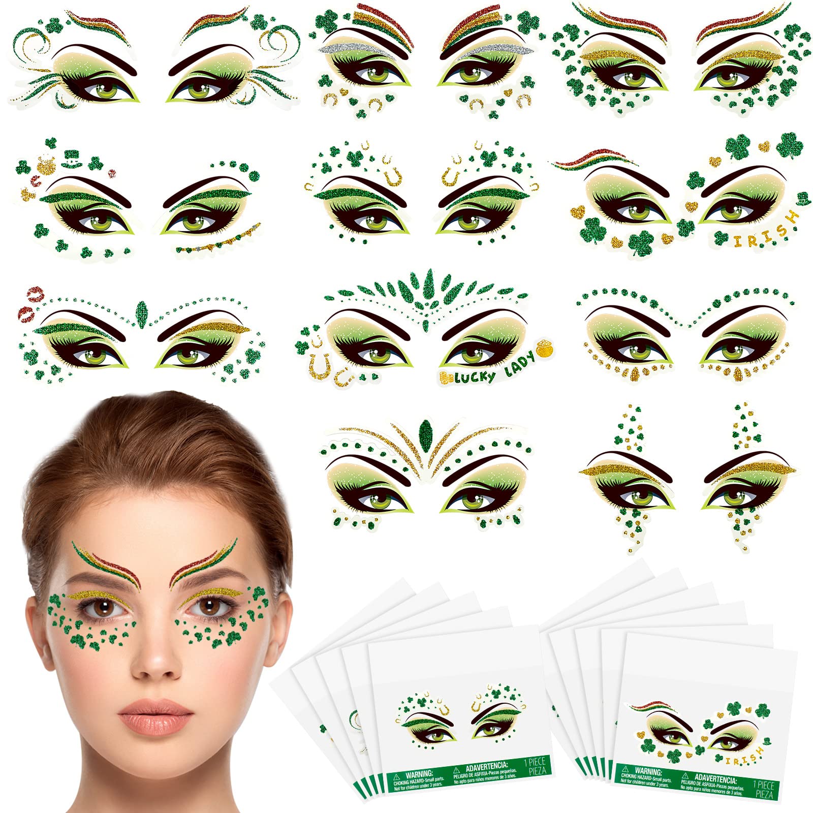 117 Pcs St. Patrick's Day Glitter Face Tattoos Green Face Jewelry