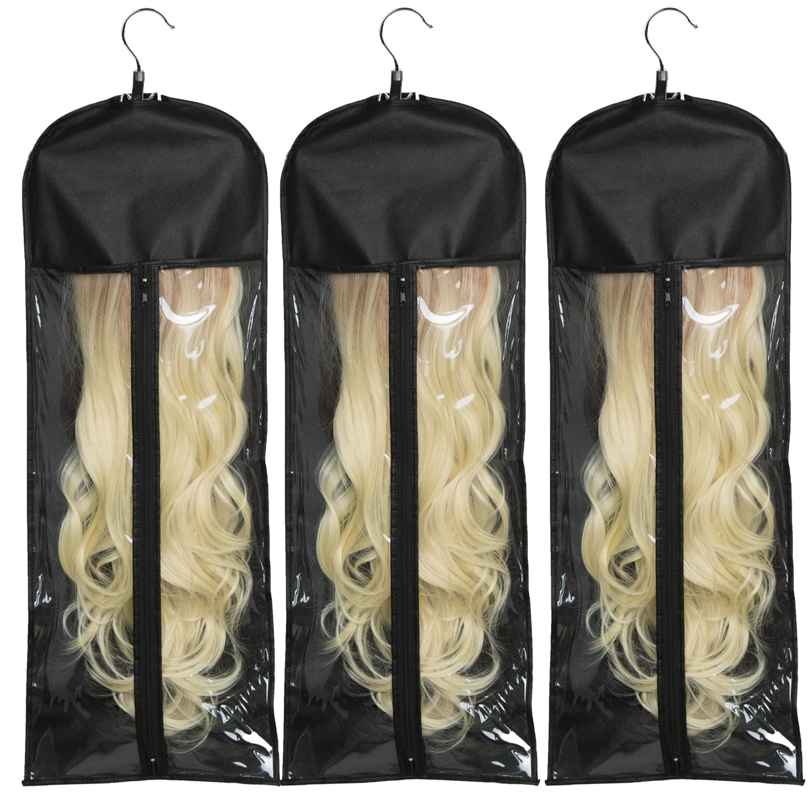 3 Pack Extra Long Wig Storage Bag with Hanger Hair Extension Holder  Hairpieces Storage Bag Wigs Carrier Case for Store Style Human Synthetic  Hair Black Color Black color-31.5 in