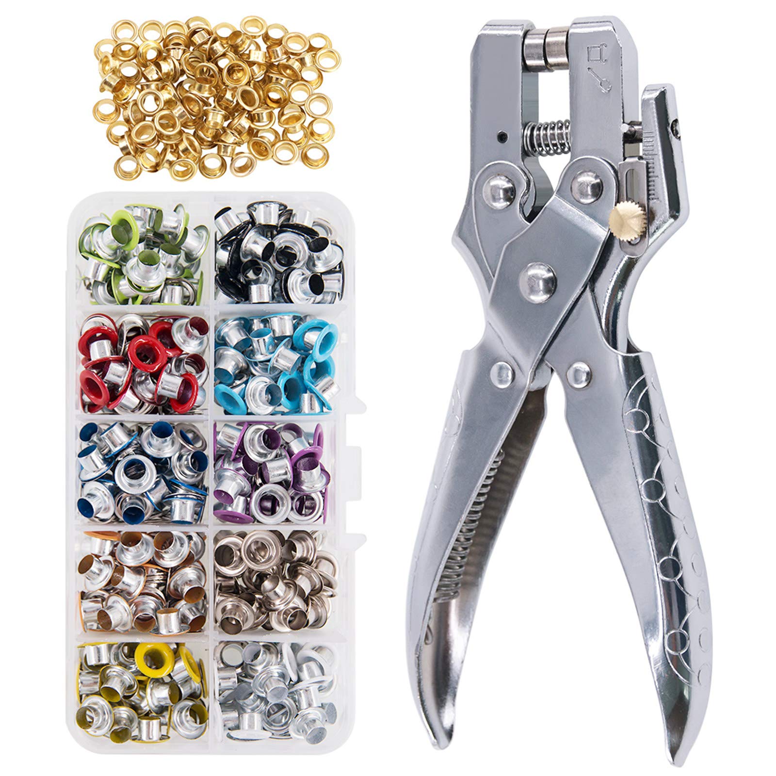 Keadic 300 Sets 1/5 inch Multi-Color Metal Eyelets Grommets Kit with Hole  Punch Plier and 100pcs Extra Gold Eyelets, for Leather, Canvas, All Fabrics  Clothes, Shoes, Belts, Bags, Crafts (11 Colors)