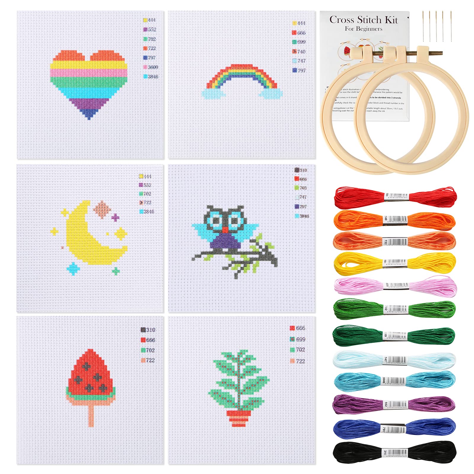 Pllieay Cross Stitch Beginner Kit for Kids 7-13, Includes 6pcs Project  Cross Stitch Pattern and 2pcs Hoops, 12 Skeins, Needle Point Starter Kit  Sewing