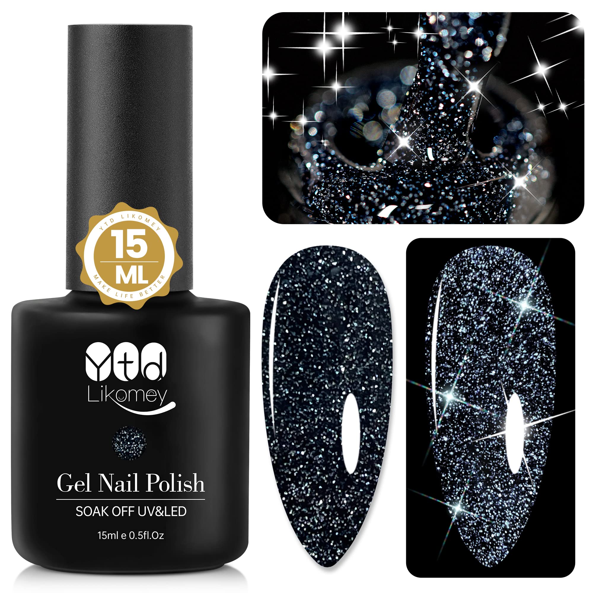 YTD Likomey Reflective Glitter Gel Nail Polish15ml Black Flash Diamond  Disco DJ Shimmer Nail GelSparkly Shiny Soak Off UV Gel Polish VarnishSalon  Home DIY Manicure Black 0.5 Fl Oz (Pack of 1)