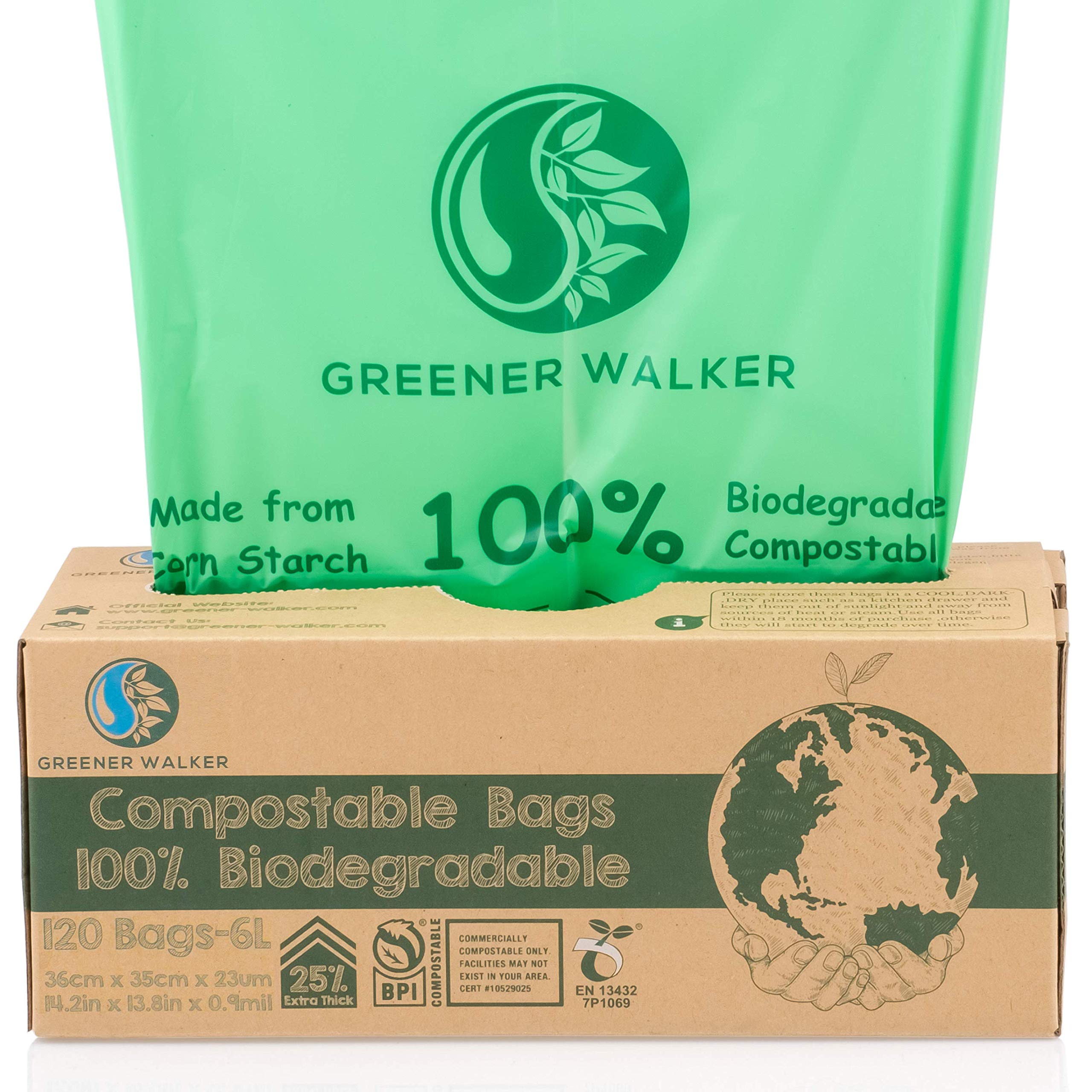 GREENER WALKER 25% Extra Thick Compostable Trash Bags, 1.6 Gallon-120Bags,  ASTM D6400 BPI Biodegradable