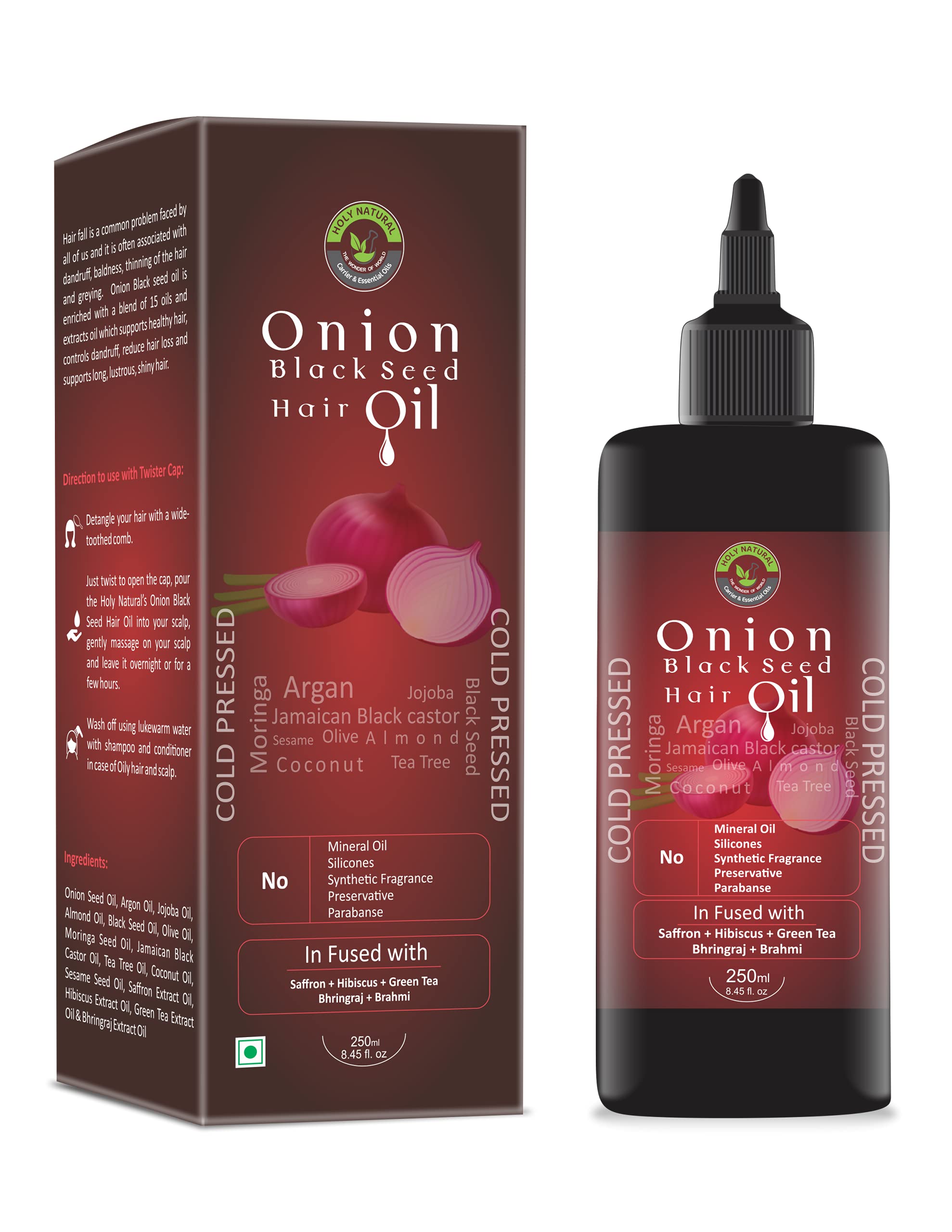100% Natural Onion Black Seed Hair Oil ( fl oz / 250 ml) I Supports  long, lustrous & shiny hair I No mineral