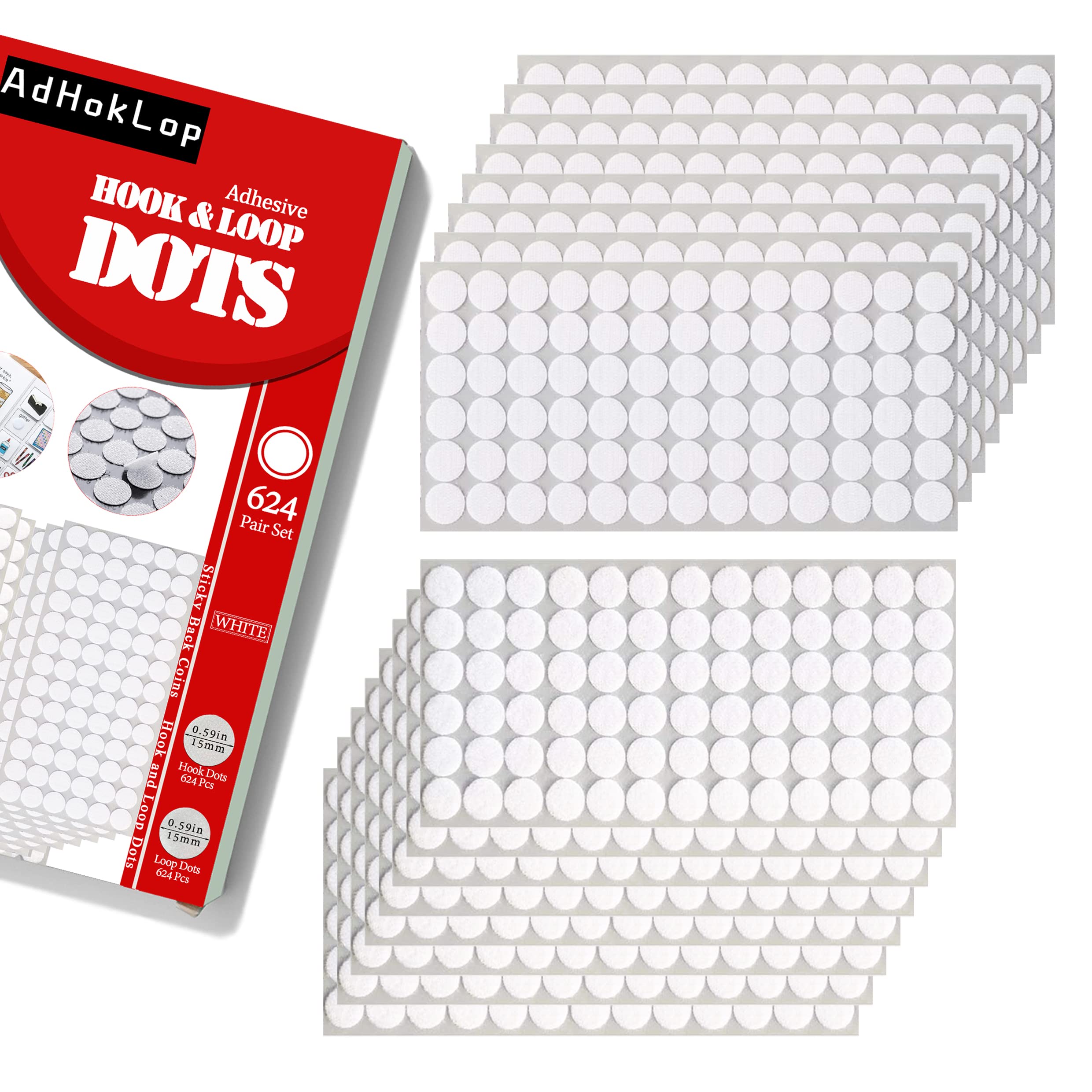  Self Adhesive Dots, 1000Pcs(500 Pair Sets) 0.59 Inch Diameter  Strong Self Adhesive Dots for Classroom Nylon Sticky Back Coins Hook Loop  Strips, Small Circle Dots Stickers Tapes, White : Arts, Crafts
