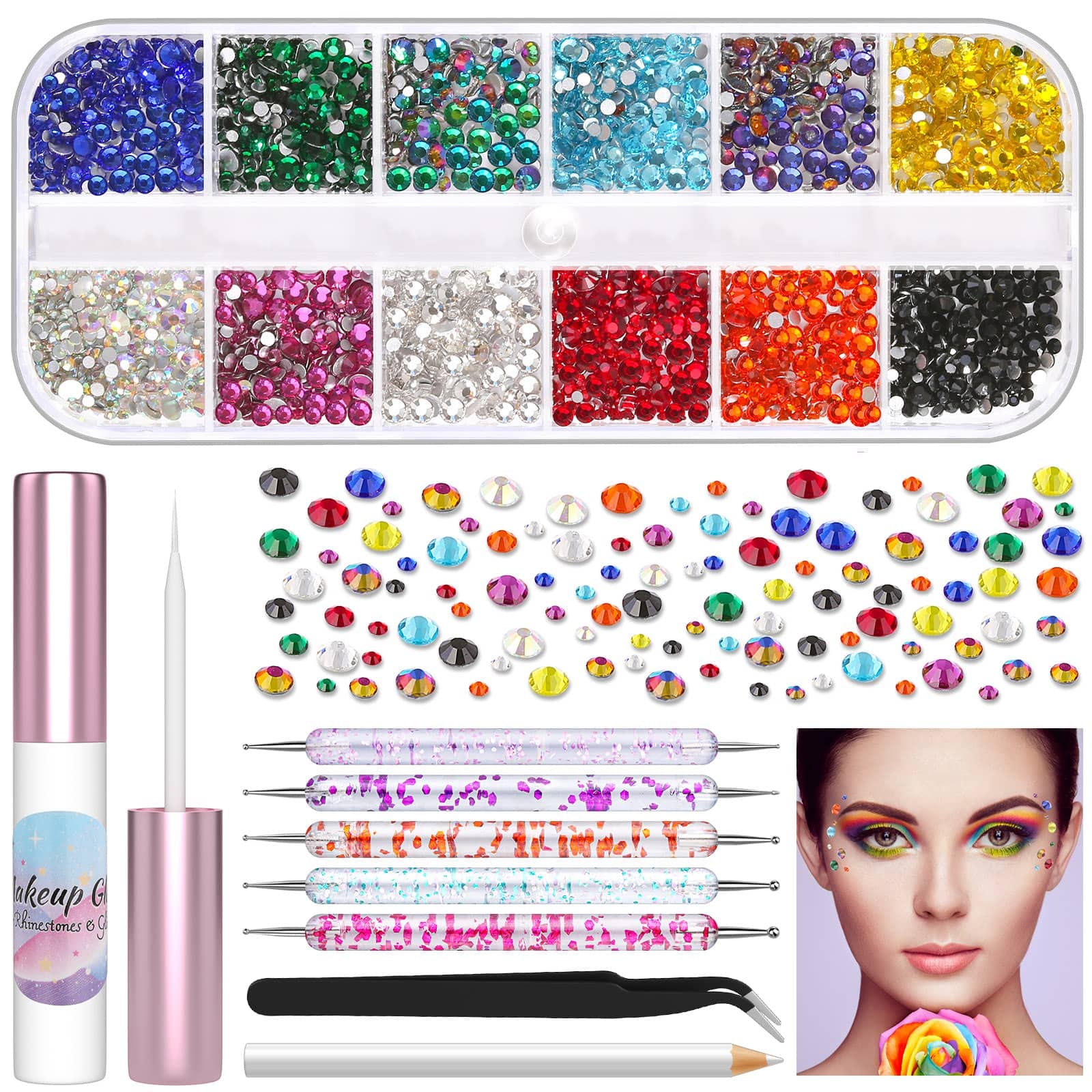 3600Pcs Face Gems Eyes Jewels with Glue for Makeup Rhinestone, Shynek  Flatback Rhinestone Colored Eye Gems Crystal with Tweezers Dotting Tools for  Nail Art Body Hair Eye Makeup Crafts Decoration A.multicolor