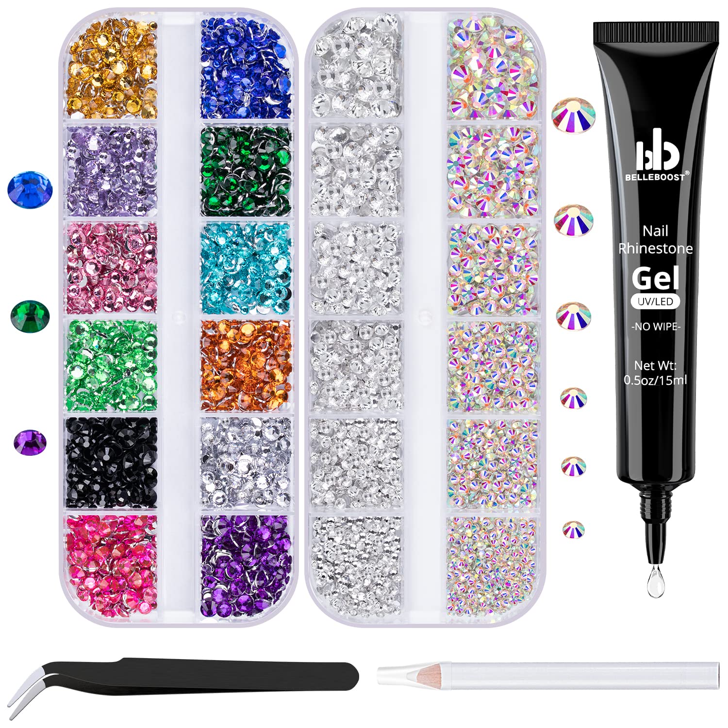 Rhinestones for Nails, Manicure Kit with Nail Rhinestone Glue Gel, 2-5mm  Flatback Glass Crystal AB + Clear Gemstones and Colorful Resin Beads, Gem  Glue for Nails (UV/LED Needed) with Dotting Tools 