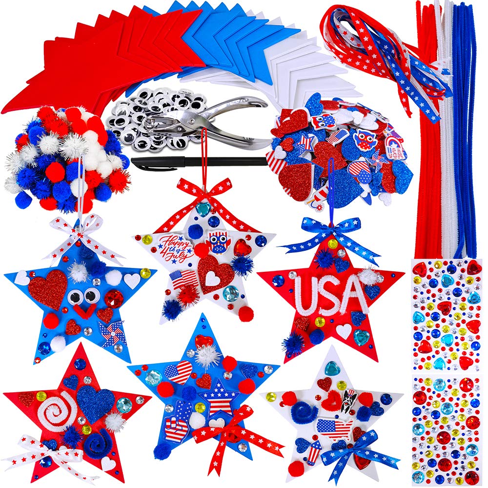 Winlyn 18 Sets 4th of July Craft Kits Patriotic Kids Crafts DIY Patriotic  Star Ornaments Decorations Art Sets Red White Blue Star Foam Shapes  Patriotic Foam Stickers for Classroom Party Activities