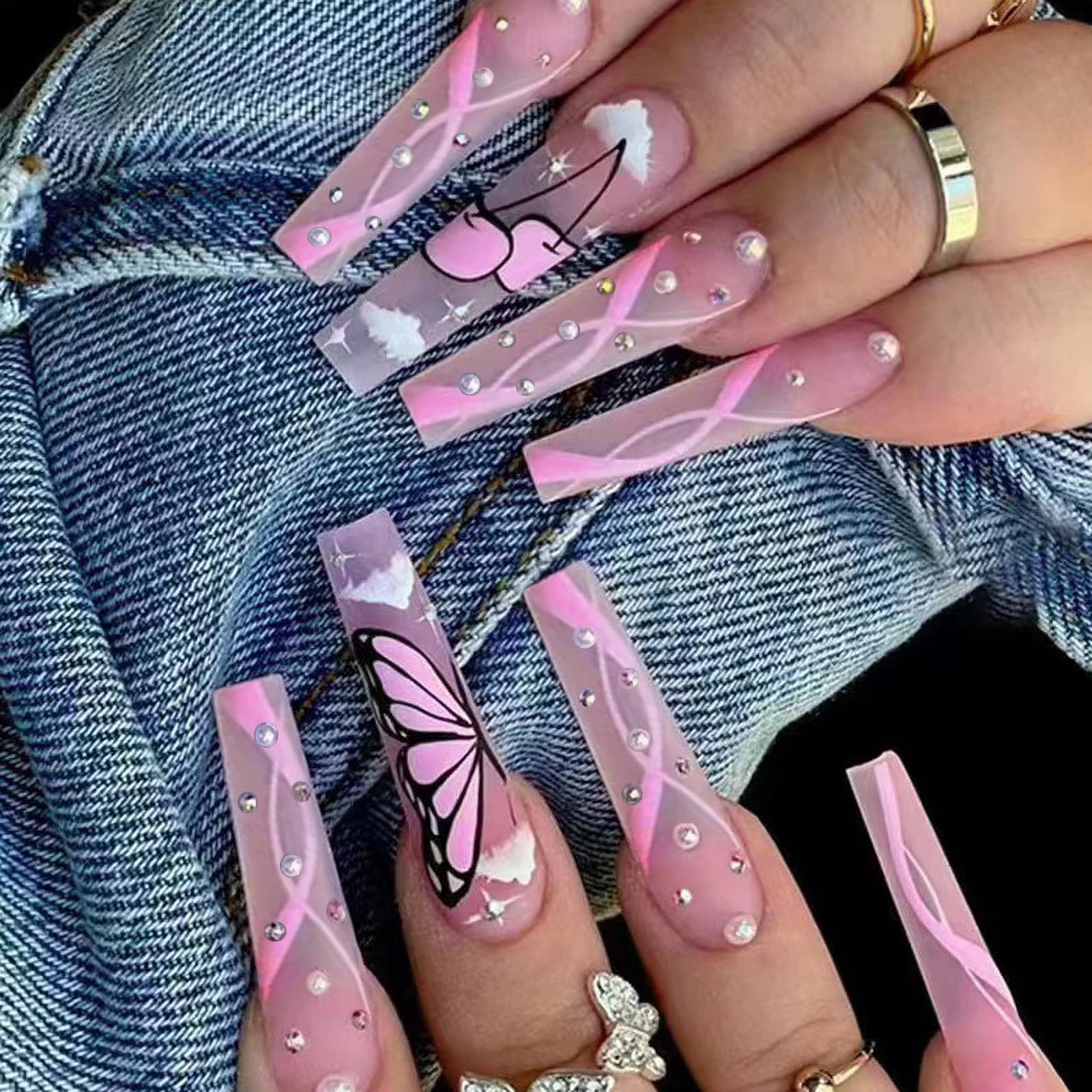 Hot Girl Pink Glitter Fake Nails with 3D Rhinestones Butterfly Press On  Nails