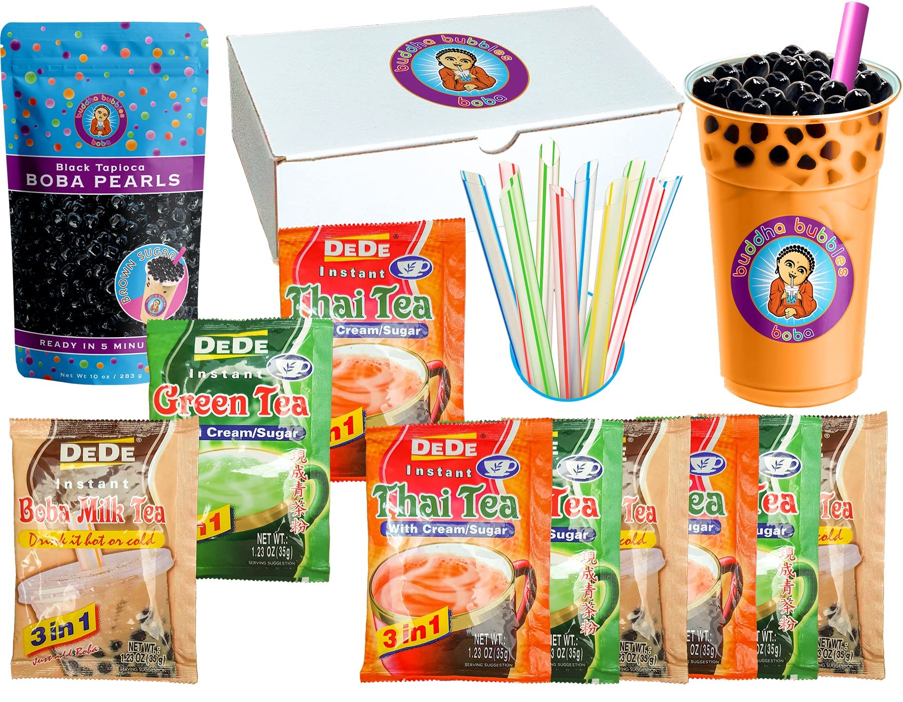 Instant Boba Tea Kit 9 Drink Packets, Straws & Boba Thai, Milk & Green Tea  Latte Kit Gift Box by Buddha Bubbles Boba / DeDe