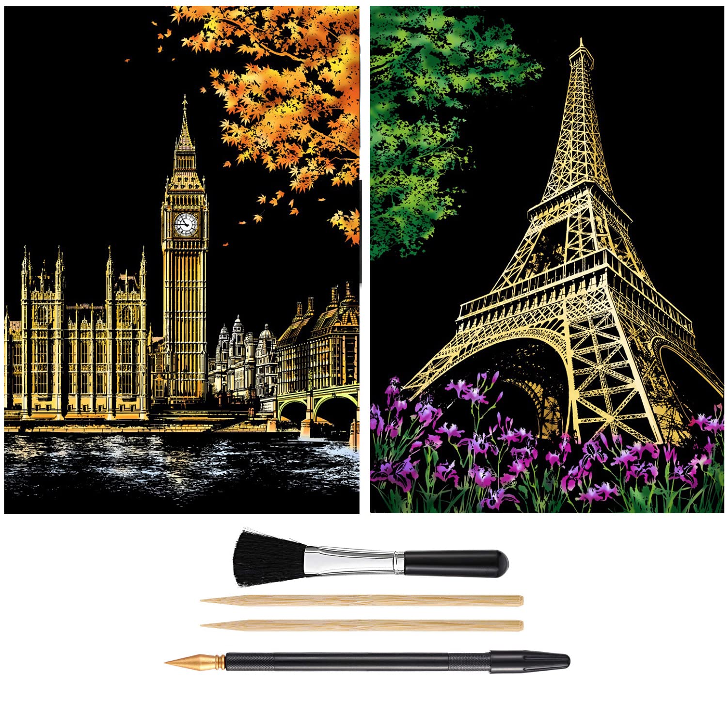 Scratch Painting Kits for Adults & teens, Craft Art Set, Rainbow Scratch Art  Painting Paper, Sketch DIY Night View Scratchboard, 16'' x 11.2'' Creative  Gift with 3 Tools kit (Eiffel Tower / Big Ben)