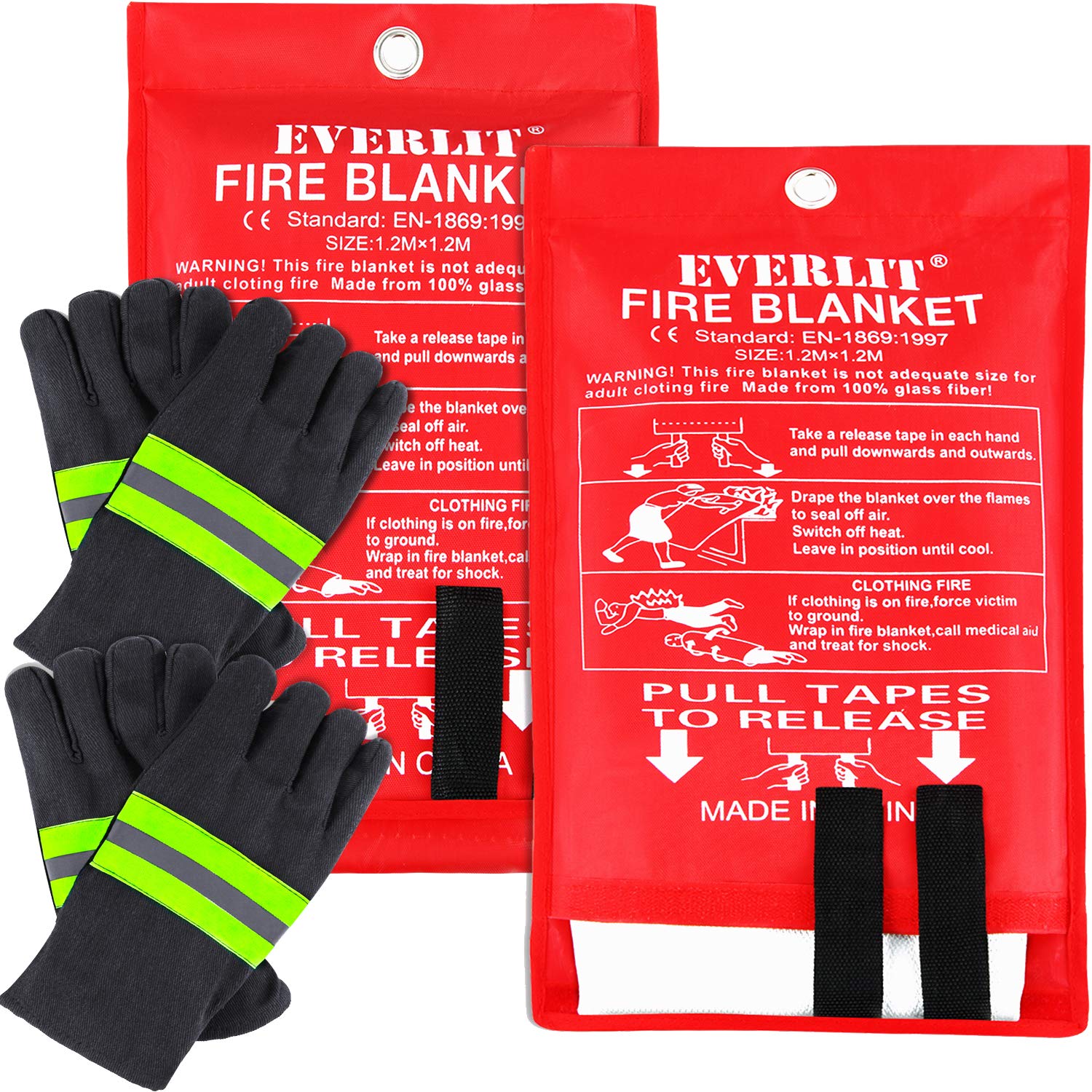 EVERLIT 2-Pack Fire Blanket Size XL 47''x47'' Fire Suppression Emergency  Blanket w/Heat Resistant Gloves w/Reflective Strap for Kitchen Camping  Grilling