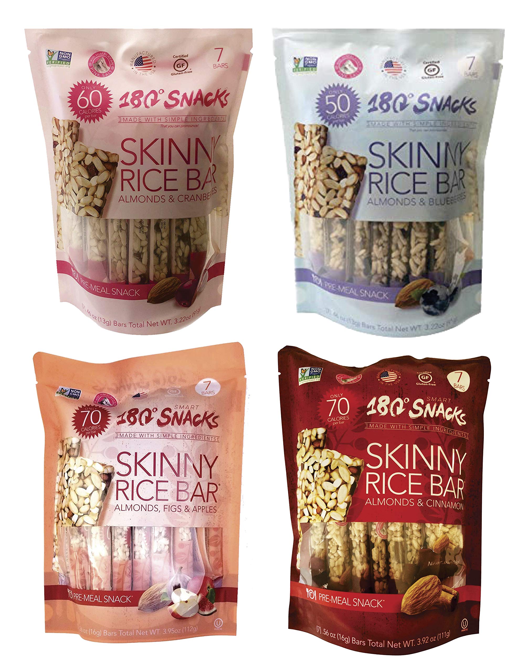 180 Snacks Pre-meal Snack Skinny Rice Bar 4 Variety Pack total 28 bars 3.95  oz