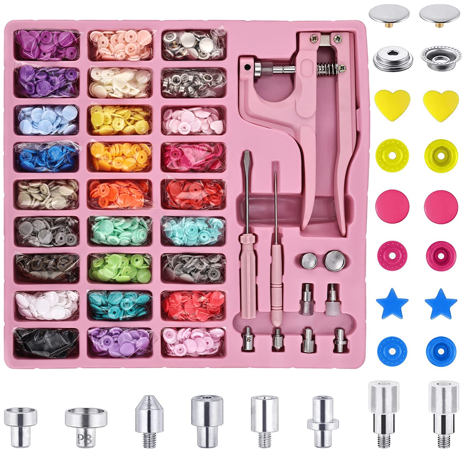 CENOZ 300 Sets T5 Plastic Plastic and Metal Snap Buttons with Snaps Pliers  Set Colorful Buttons with Metal Snap Buttons for Clothes Sewing Crafting  PINK