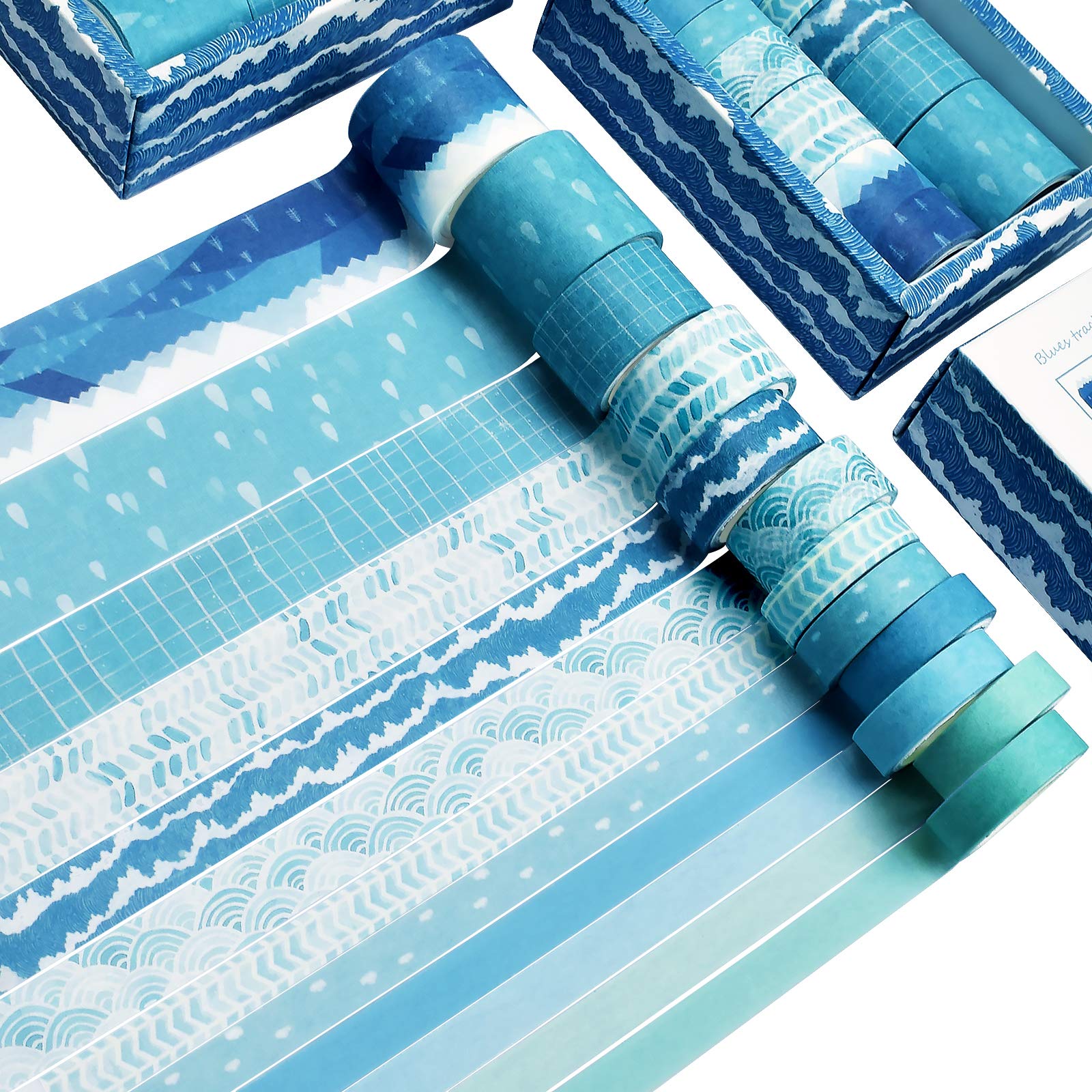 DAPUTOU Washi Tape Set of 12 Rolls,Blue Sea Wave Decorative Washi Masking  Tape Sets for Craft,Kids,Scrapbook,DIY,Gift Wrapping