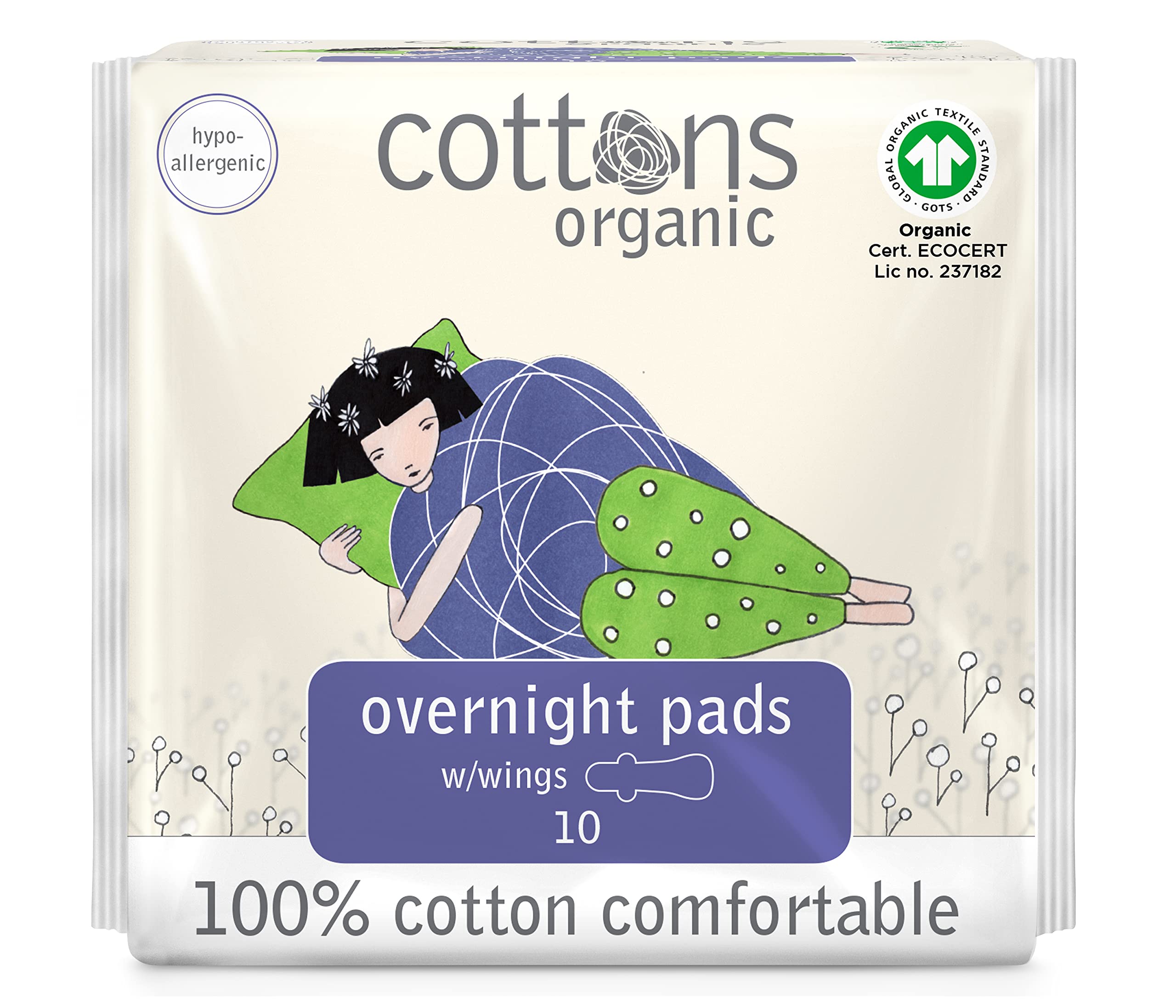 Cottons Overnight Sanitary Pads for Women 100% Organic Cotton  Hypo-Allergenic Breathable Heavy Flow 10