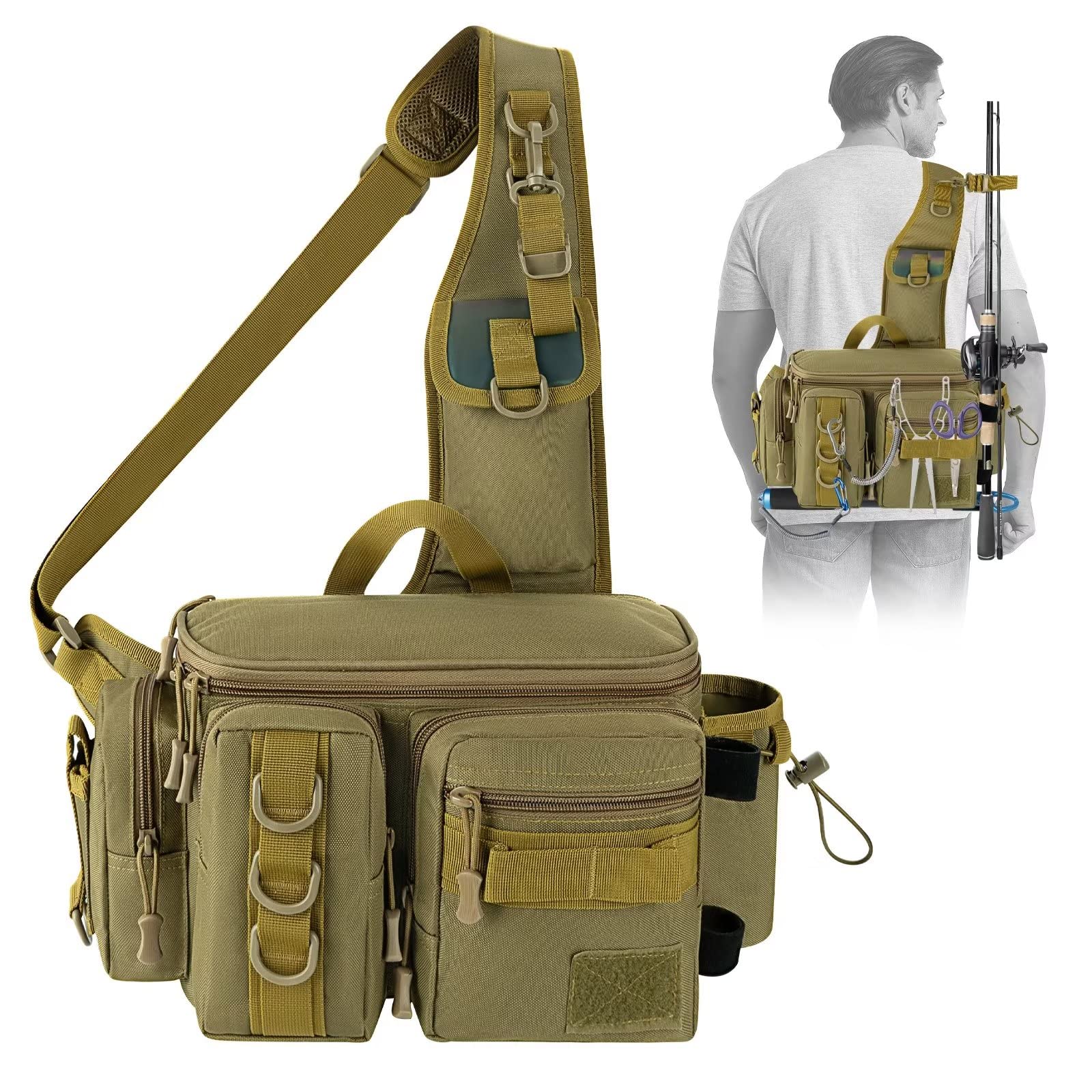 THKFISH Fishing Tackle Bag Fishing Sling Pack Portable Fly Fishing Bag  Tackle Box Bag with Rod Holder Khaki-New upgrade