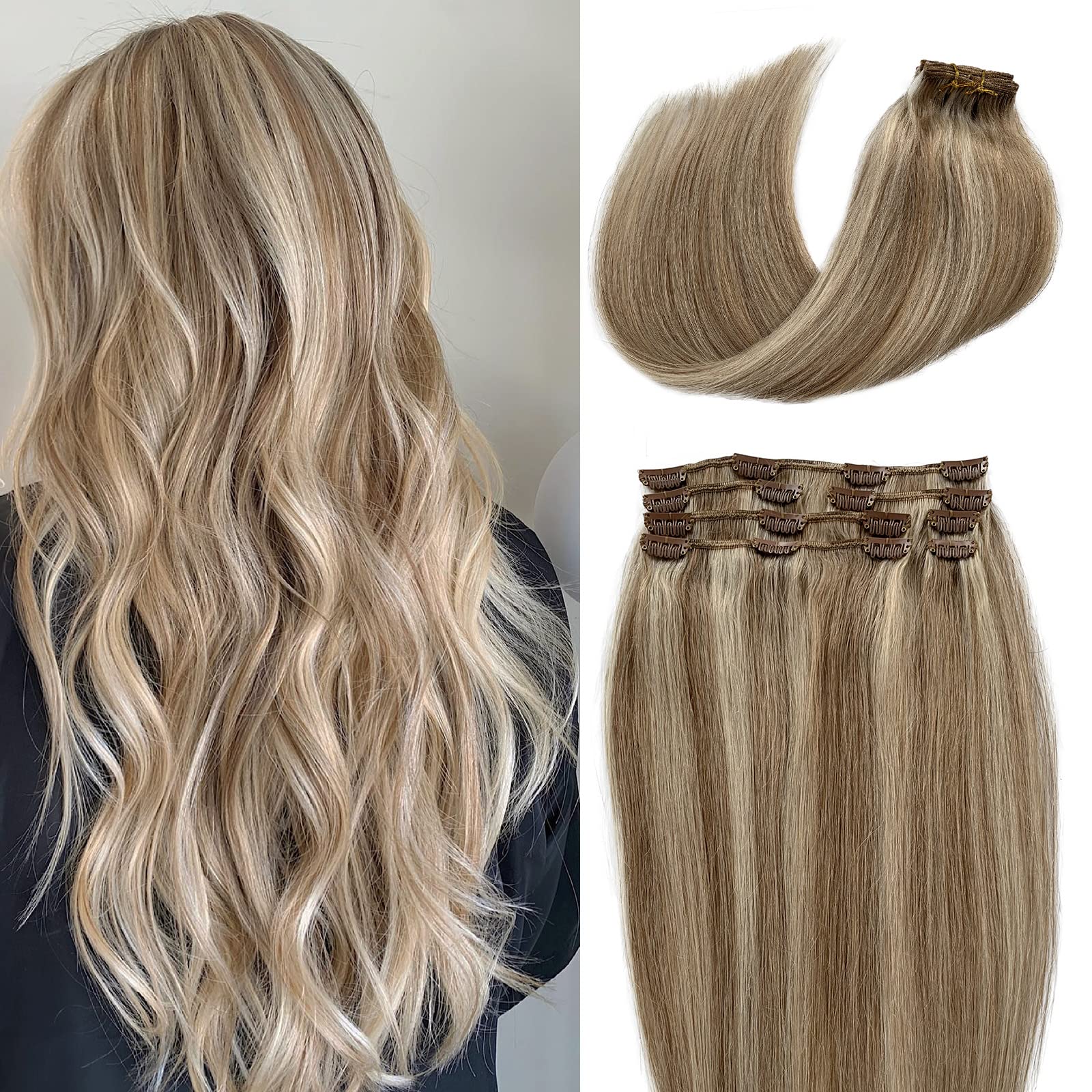 Real Human Hair Extensions Platinum Blonde Highlights Clip in Hair  Extensions for Women 20 Inch 70grams 7pcs Full Head Fine Straight Ash Brown  with Platinum Clip on Remy Hair Extensions 20 Inch #
