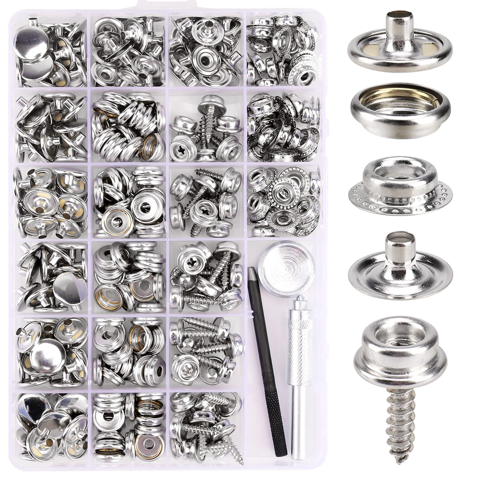 323 Piece Canvas Snap Kit Meifuly Marine Grade Stainless Steel (Caps  Sockets Screws Fabric Base Components) for DIY Cover Canvas Snap Kit with  Material Hole Punch and Setting Tools