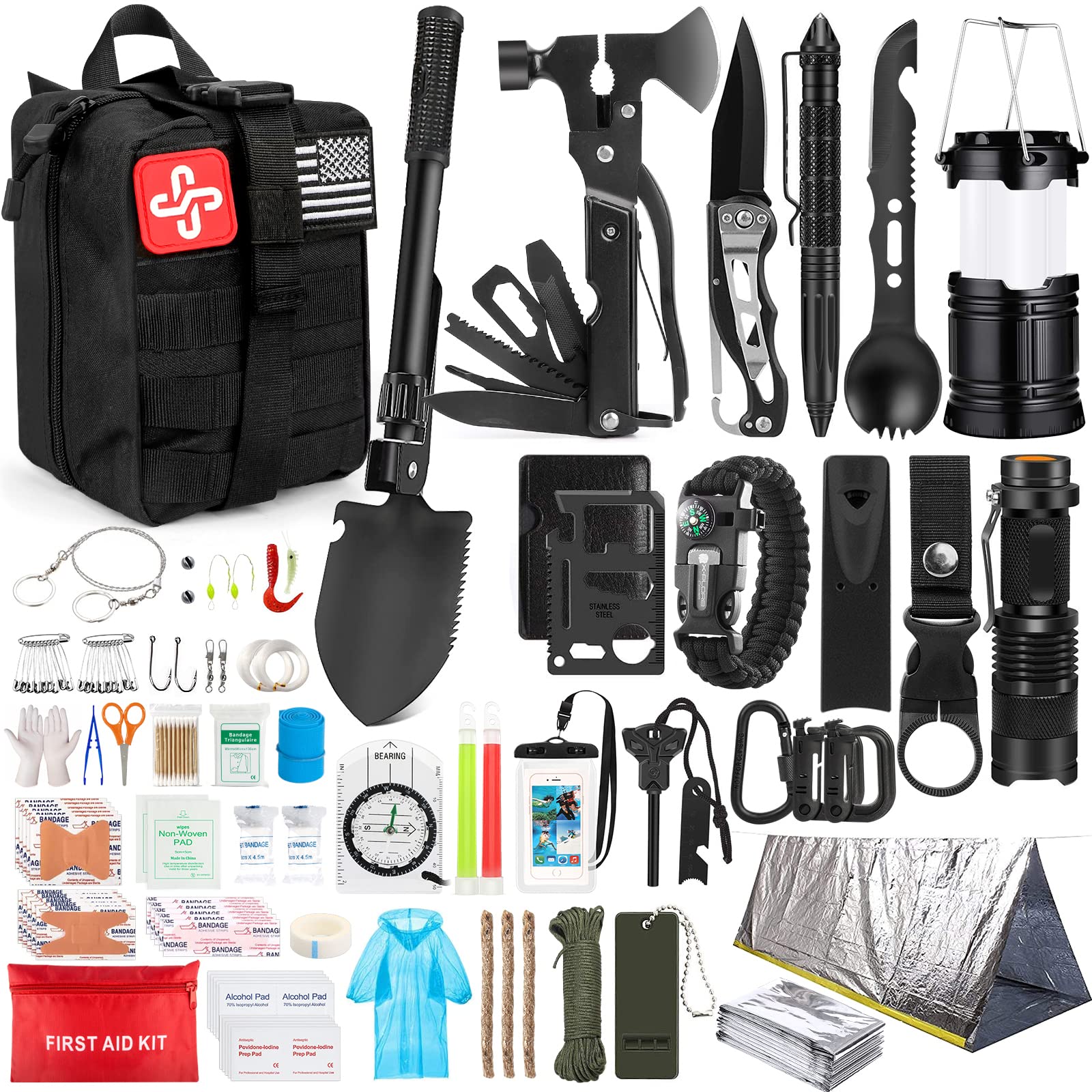 Survival Kit, 250Pcs Survival Gear First Aid Kit with Molle System  Compatible Bag and Emergency Tent, Emergency Kit for Earthquake, Outdoor  Adventure, Camping, Hiking, Hunting, Gifts for Men Women A-Black
