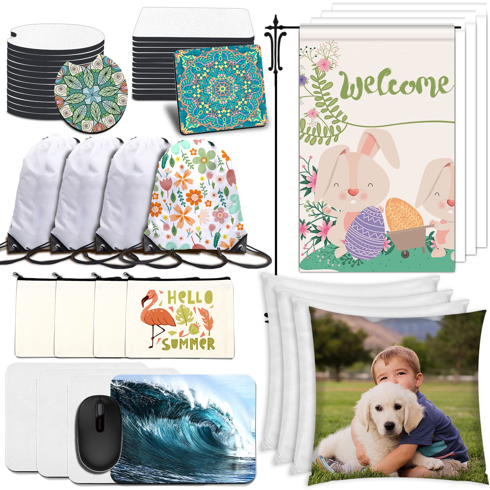 44Pcs Sublimation Blanks Products Set, DIY Sublimation Blanks with Car  Coaster, Mouse Pad, Pillow Covers, Garden Flag, Makeup Bag, Drawstring Bag  for Sublimation Transfer Heat Press Printing Crafts. 44PCS Sublimation  Blanks Set