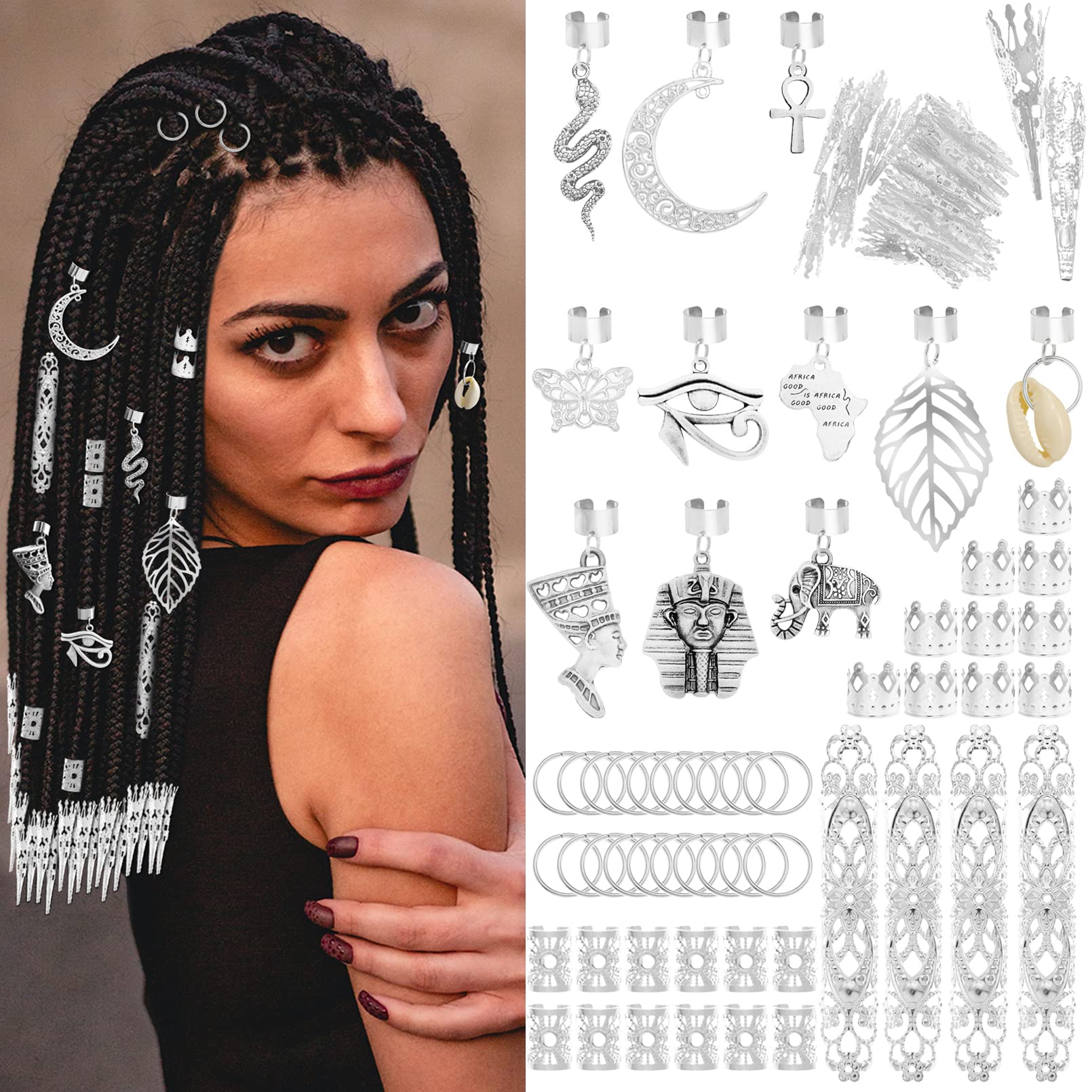 107 Pieces Dreadlocks Locs Jewelry Braids Clips African Pendant Charms  Braid Loc Stainless Steel Adjustable Hair Cuffs Butterfly Shell Leaf Snake  Moon Cross Dreadlock Accessories Silver