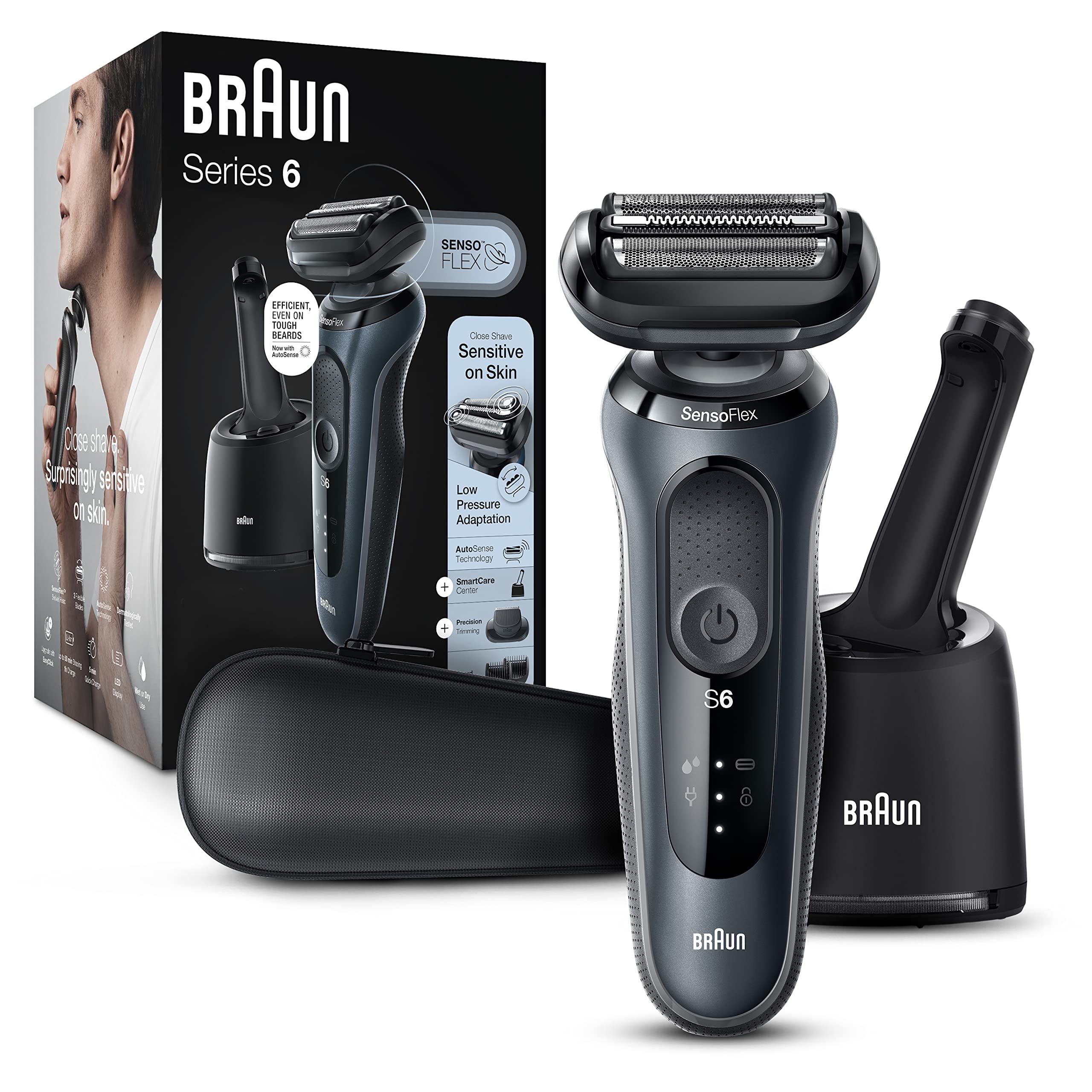 Braun Travel for Razor With Wet Black 6075cc, Shaver, & Men, ,Rechargeable, Foil Trimmer Case Leather 6 Shave, SmartCare & Waterproof Center Beard Clean Dry for and Grooming, Charge Electric Series
