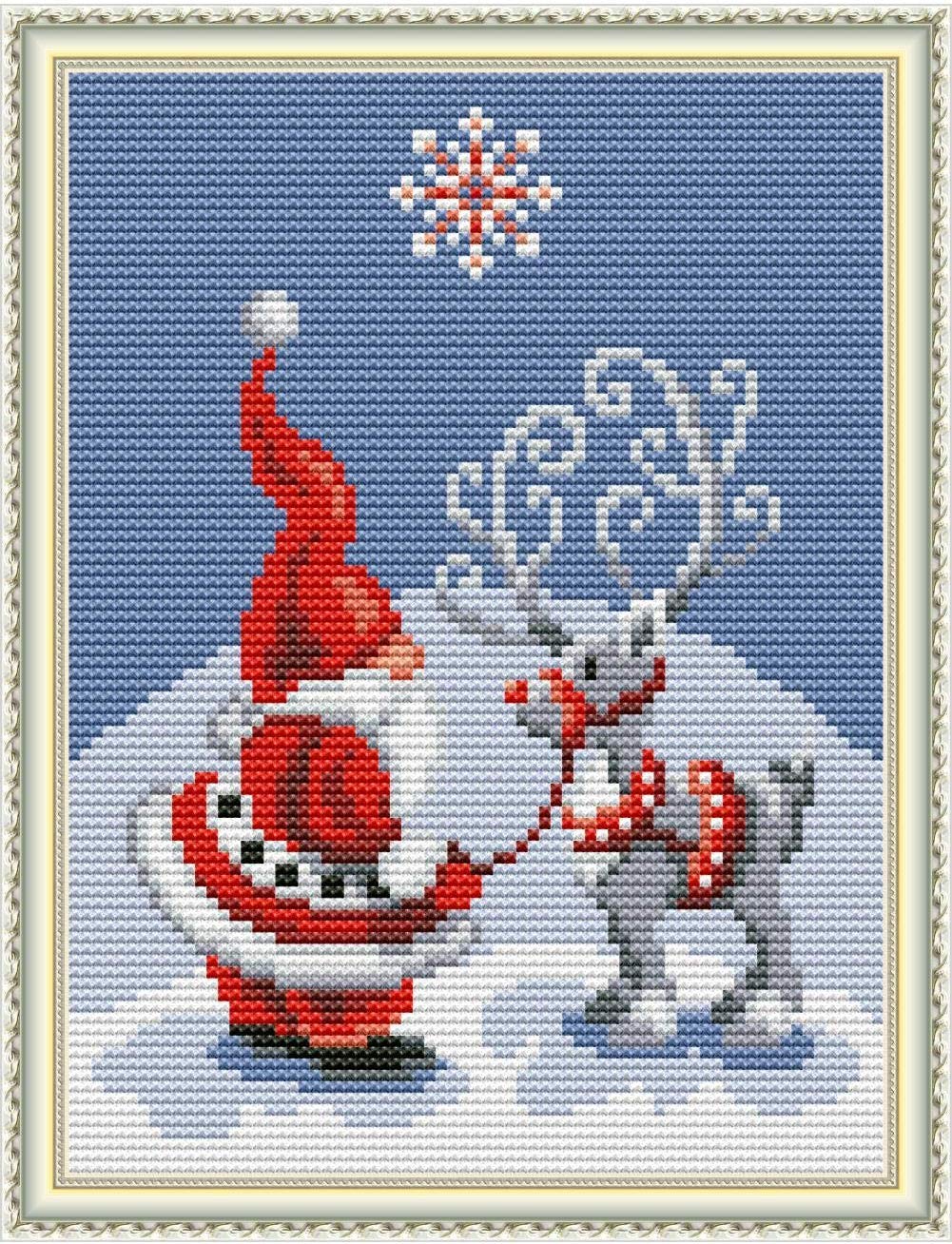 Cross Stitch Stamped Kits 11CT 9X11 inch Pre-Printed Cross-Stitching  Starter Patterns for Beginner Kids or Adults Embroidery Needlepoint Kits  Santa Claus Christmas Deer Christmas Deer 9x11 Inch