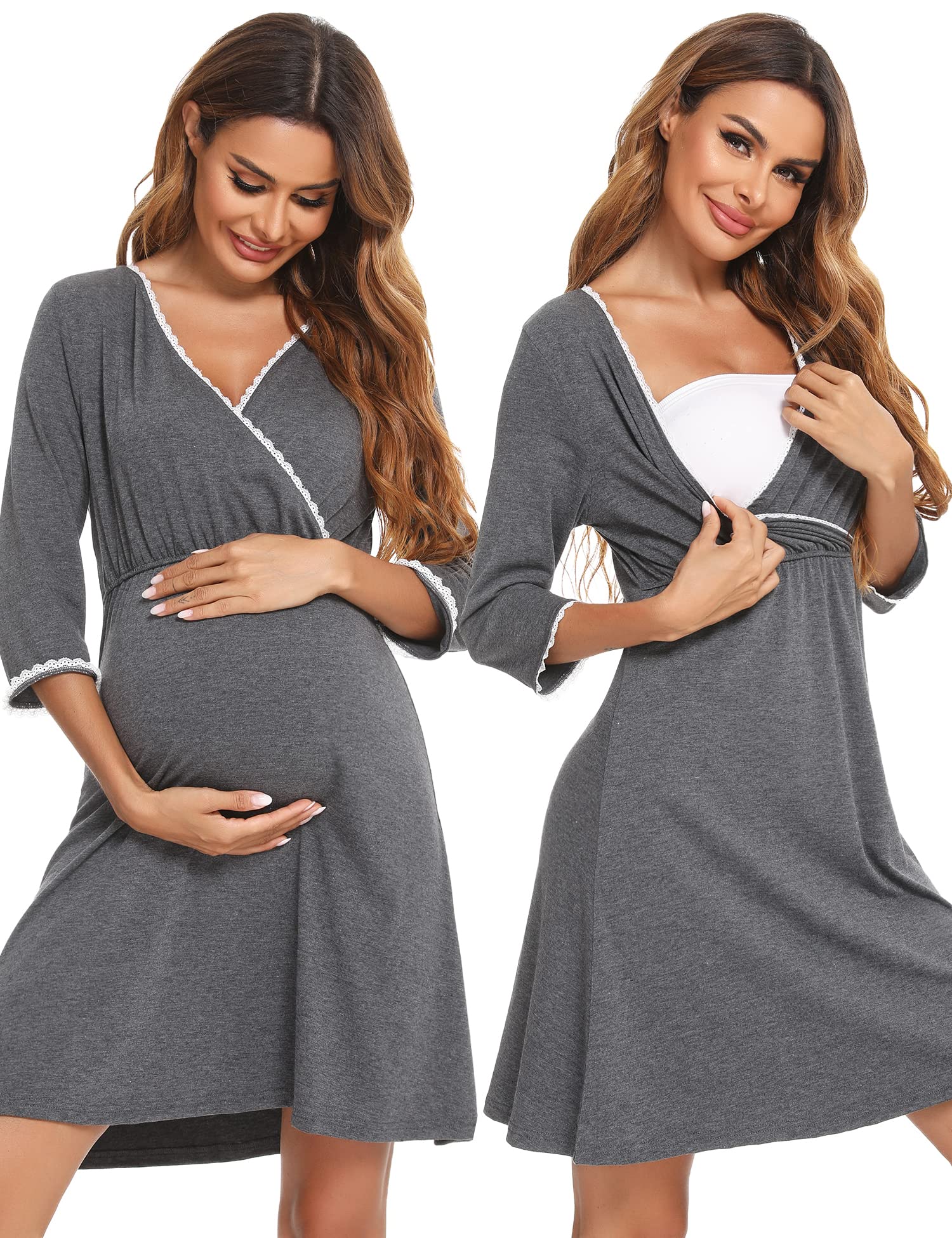 Sykooria Women's Breastfeeding Dress Cotton Soft Nursing Nightdress 3/4  Length Sleeves Maternity Nightdress Labour Nightgown
