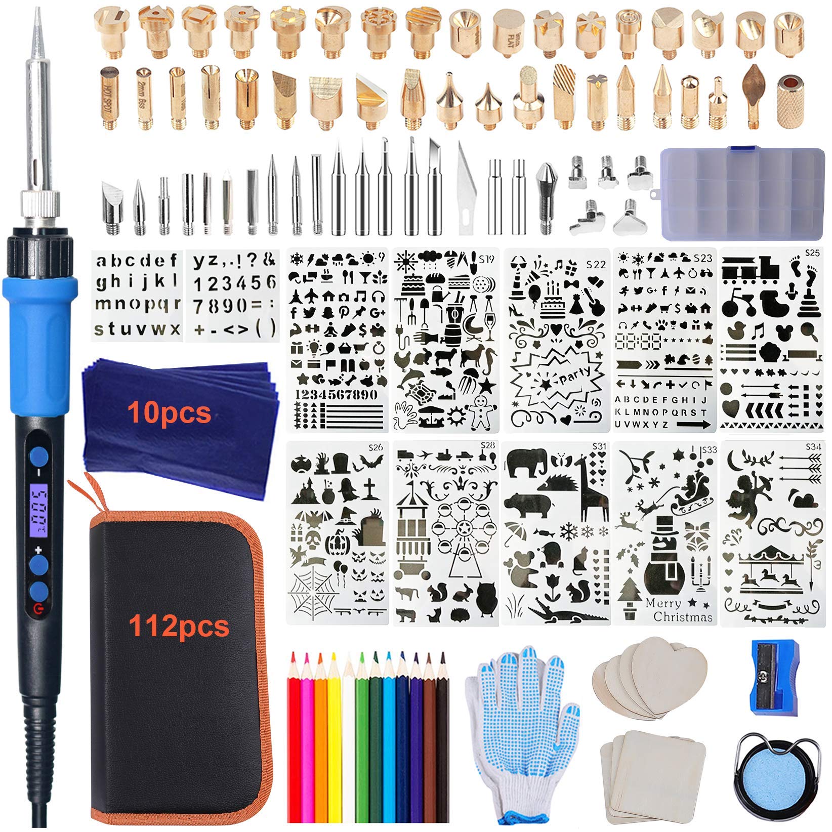 112PCS Calegency Wood Burning Kit-Wood Burning Tool Set with Digital LCD  Display Pyrography Pen Adjustable Temperature and  Embossing/Carving/Soldering/Engraving Tips for Wooden Crafts Blue