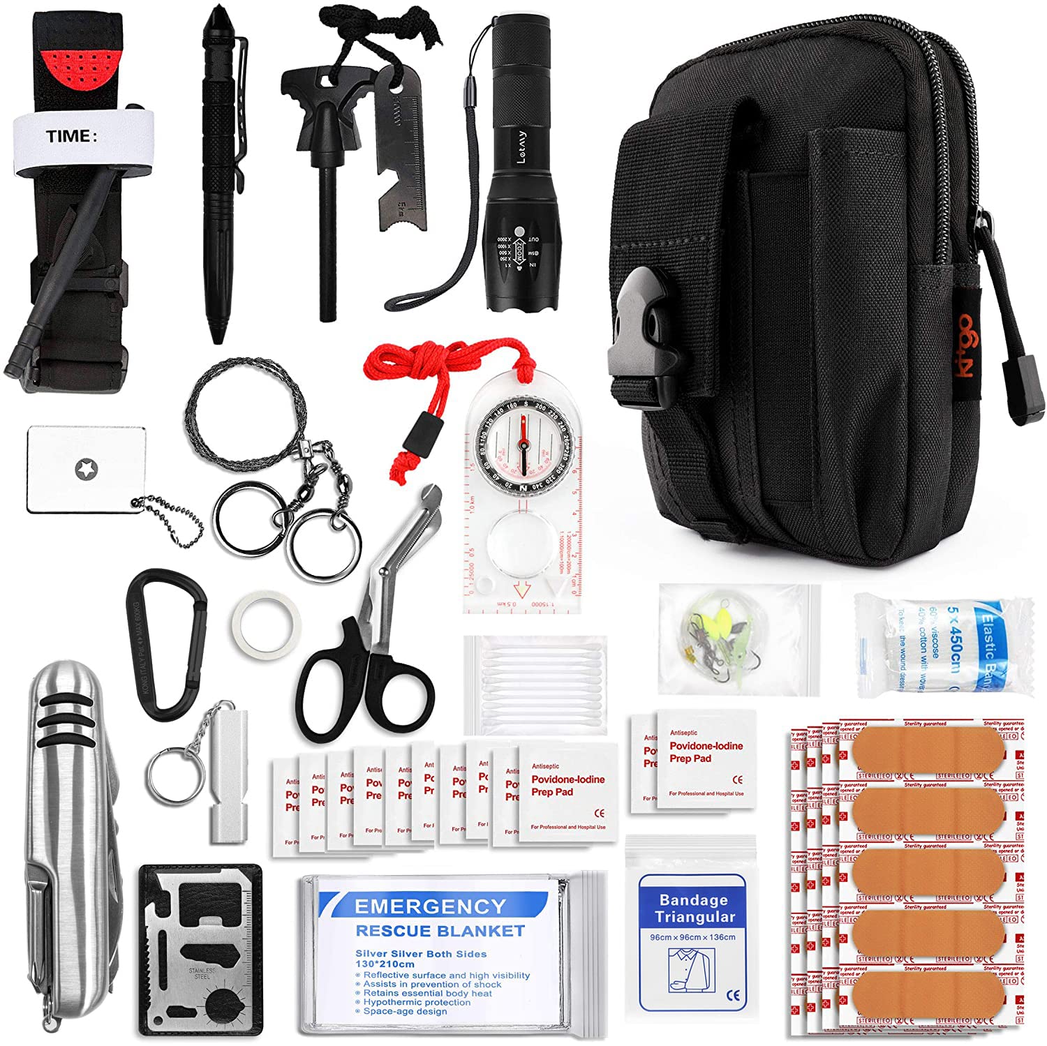 Kitgo Outdoor Survival First Aid Kit 101 Piece Professional Emergency Survival  Gear Tool for Hunting Hiking Camping Outdoor Adventure Fishing Travel Home  Office Military Tropical Storms (Khaki) Black