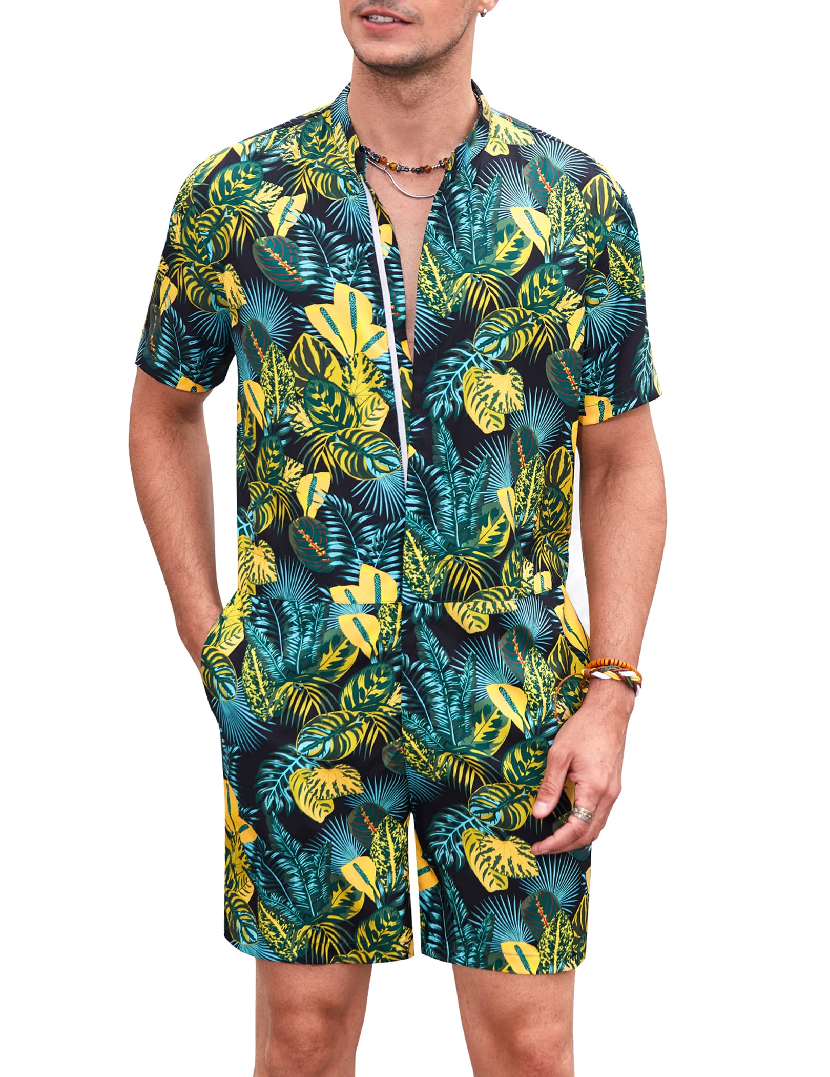 COOFANDY Men's One Piece Rompers Short Sleeve Hawaiian Floral Shirt Zipper  Jumpsuit Shorts Casual Beach Playsuit with Pockets Black-leaves X-Large