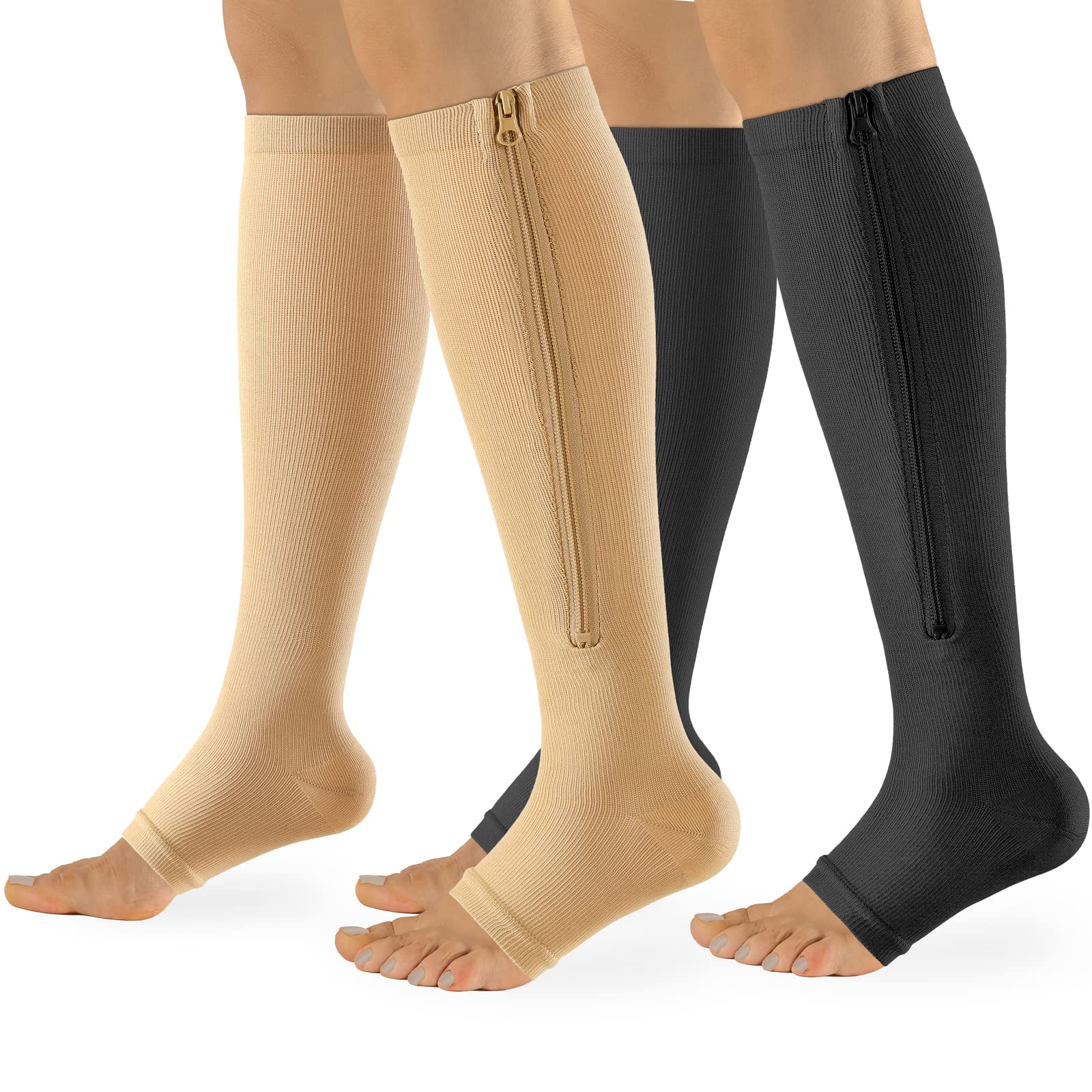 Bropite Zipper Compression Socks Women & Men - 2 Pairs 15-20 mmHg Open Toe Compression  Socks for Walking,Running C - Black /Nude Large-X-Large