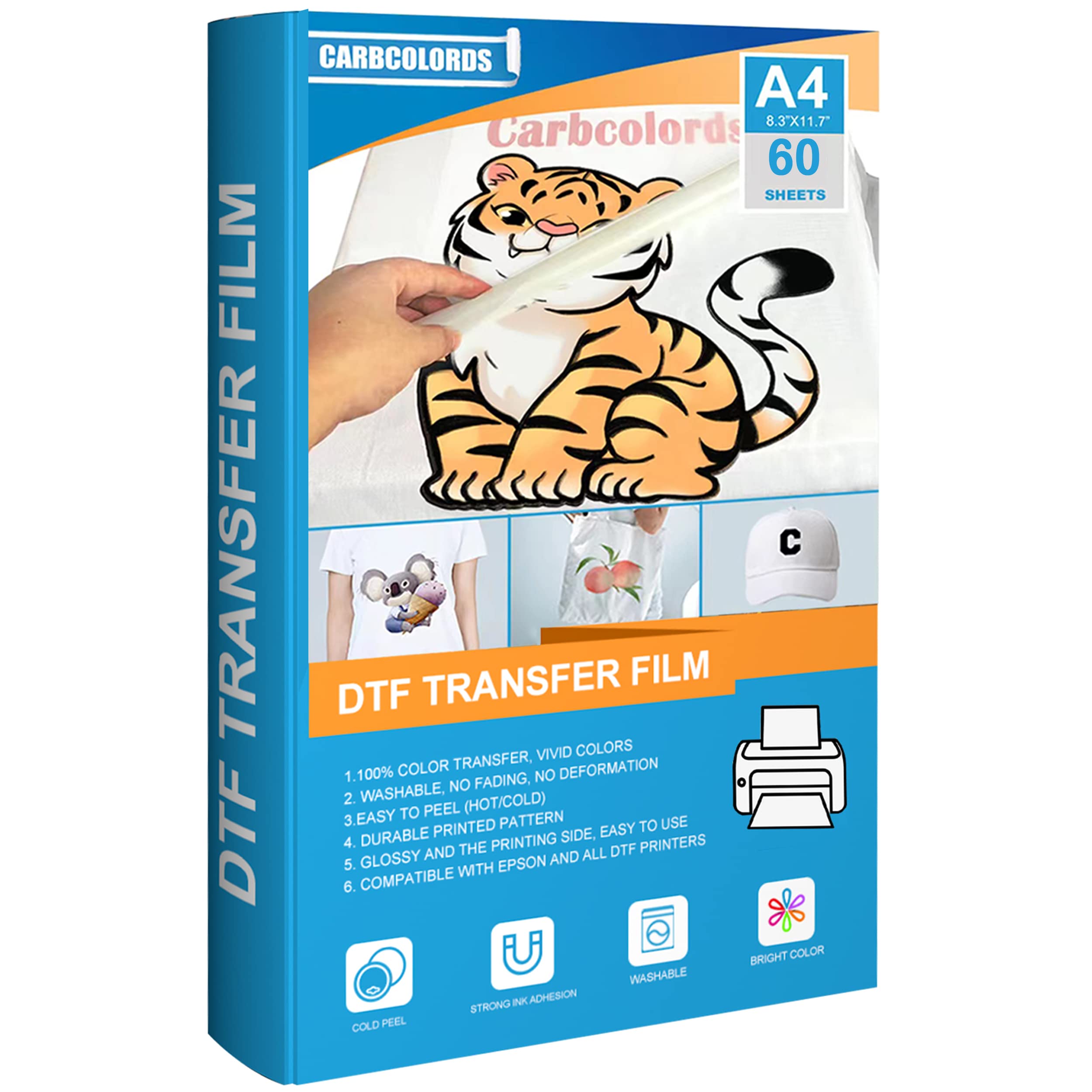 Carbcolords DTF Transfer Film-60 Sheets A4(8.3 x 11.7) PET Clear PreTreat  Heat Transfer Paper for DYI Direct on T-Shirts Textile A4(60 PCS)