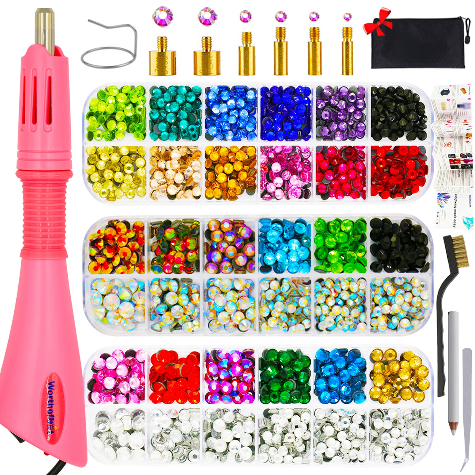 Rhinestone Setter, Applicator Toolkit, Hot Fixed Wand Bedazzler Kit,  4080pcs, Ab Crystal, Clear, 14 Colors, 7 Tips, 4 Gems Sizes, Tweezers, ,  Jewel Pi