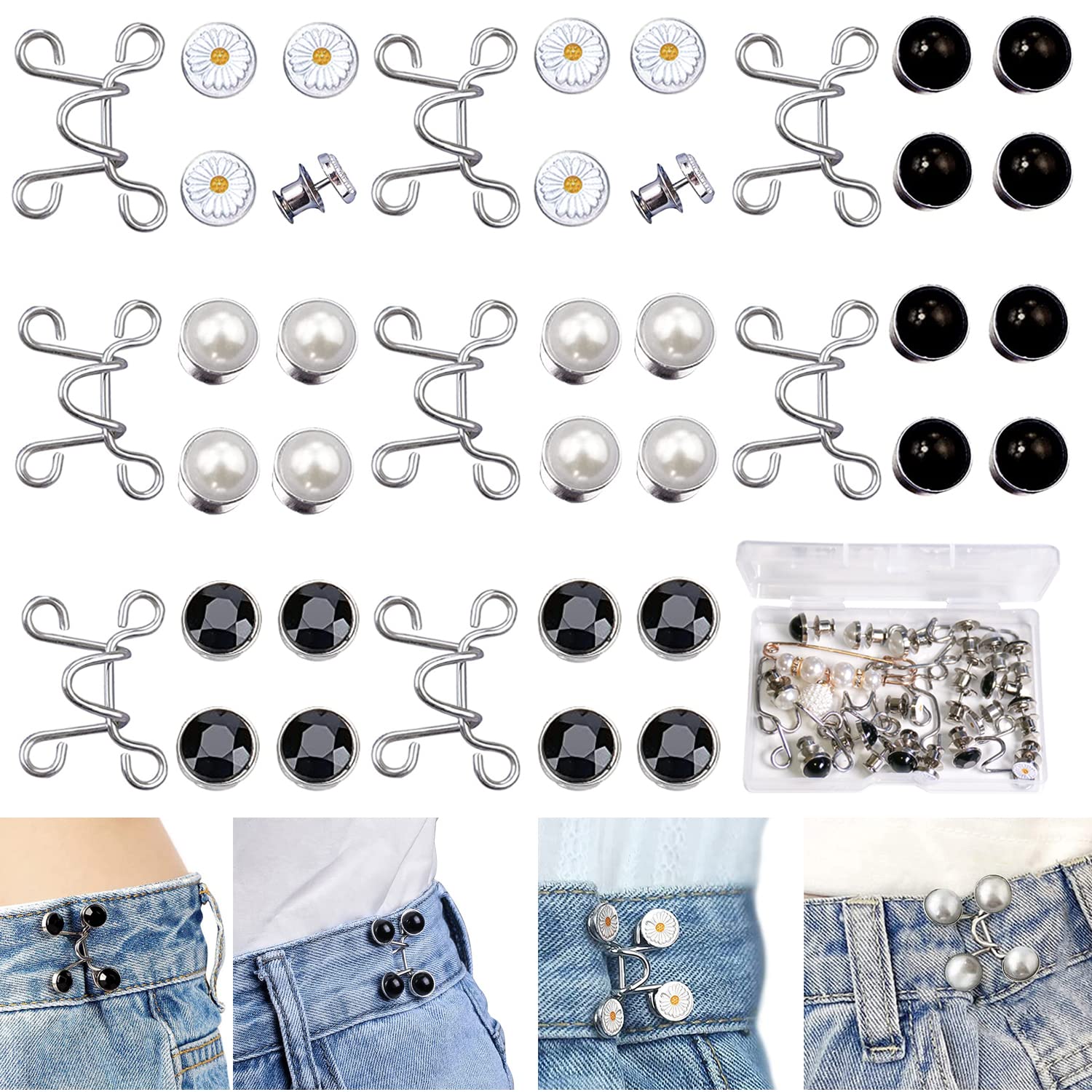48 Pieces Adjustable Waist Buckle Extender Set, 8 Set 4 Style Jean Button  Pins No Sewing Required Pants Clips for Waist, Pant Waist Tightener for  Jeans Dress Perfect Fit Instant Button (Elegant Style)