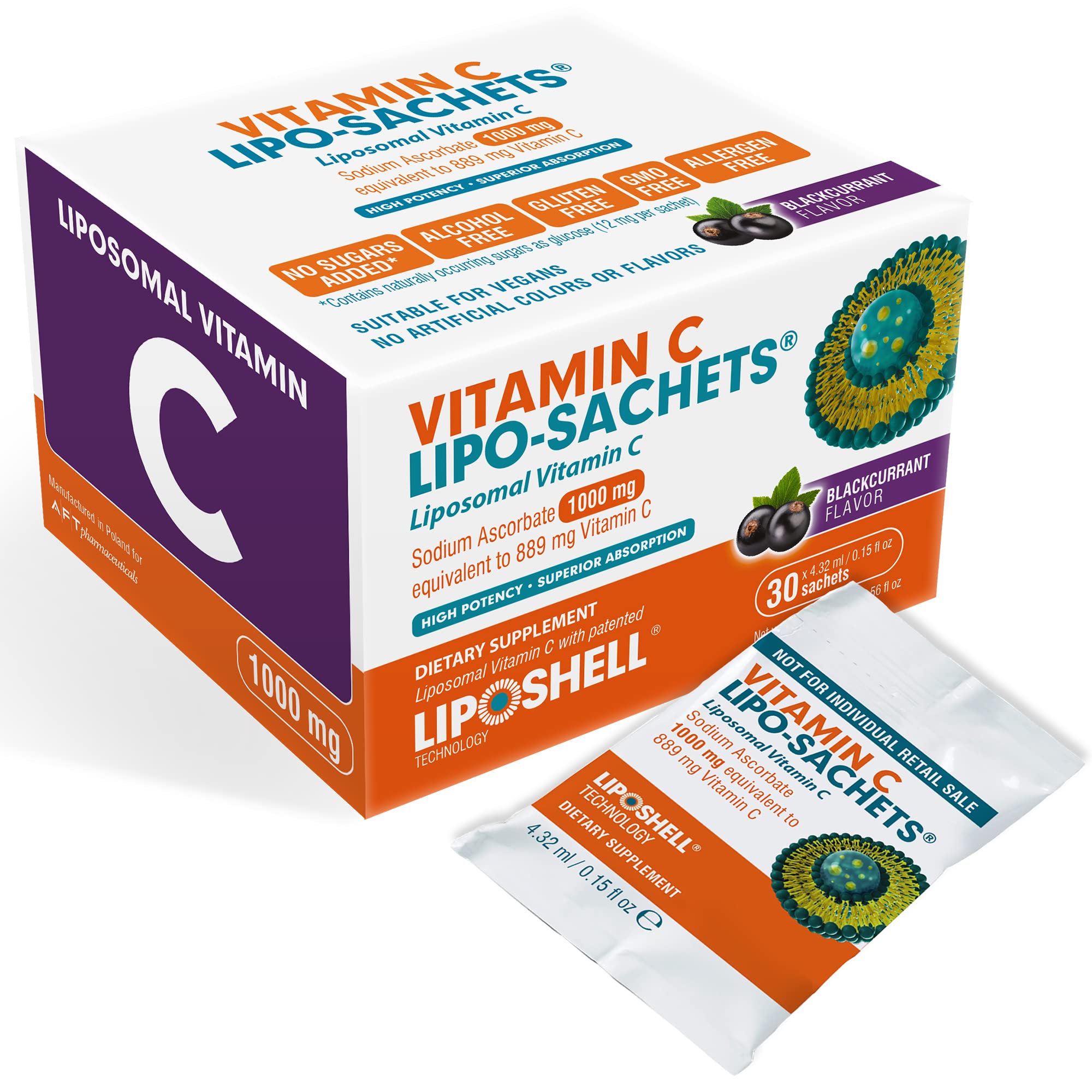 LipoSachets Liposomal Vitamin C 1000mg Blackcurrant Flavor. 30