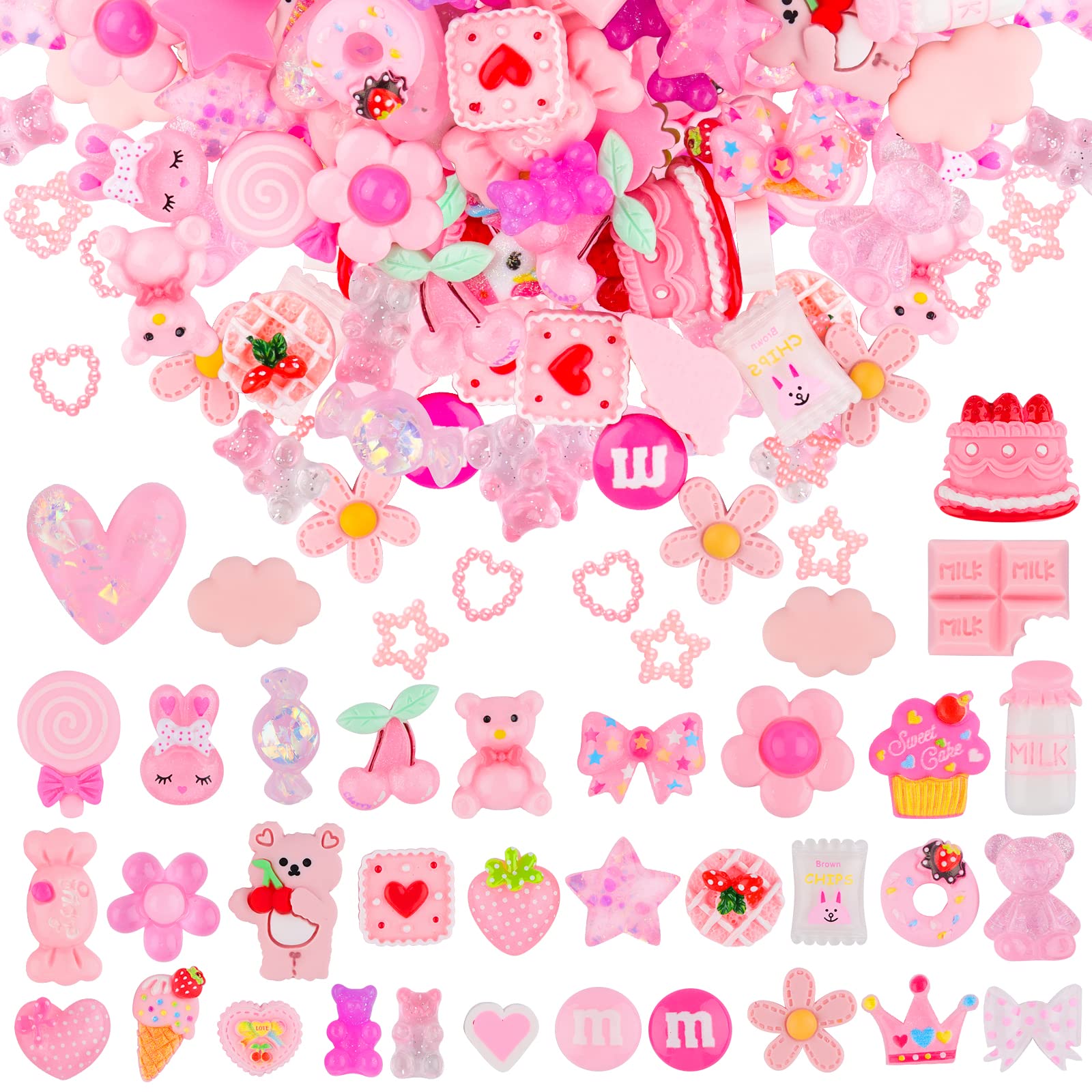 EBANKU 100 Pcs Pink Resin Flatback Decorations 36 Styles Mixed