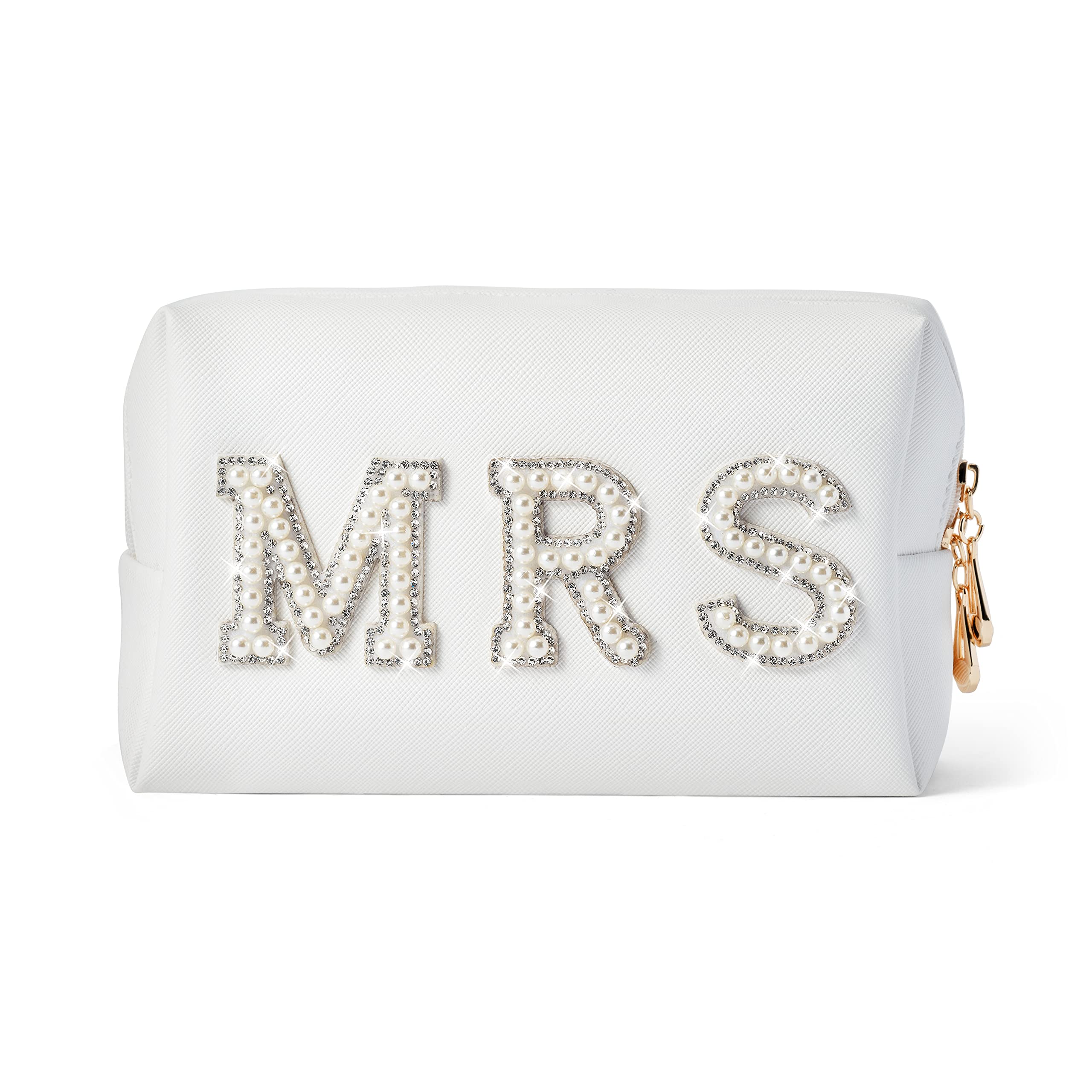 Y1tvei Bride Patch MRS Varsity Letter Cosmetic Toiletry Bag Pearl