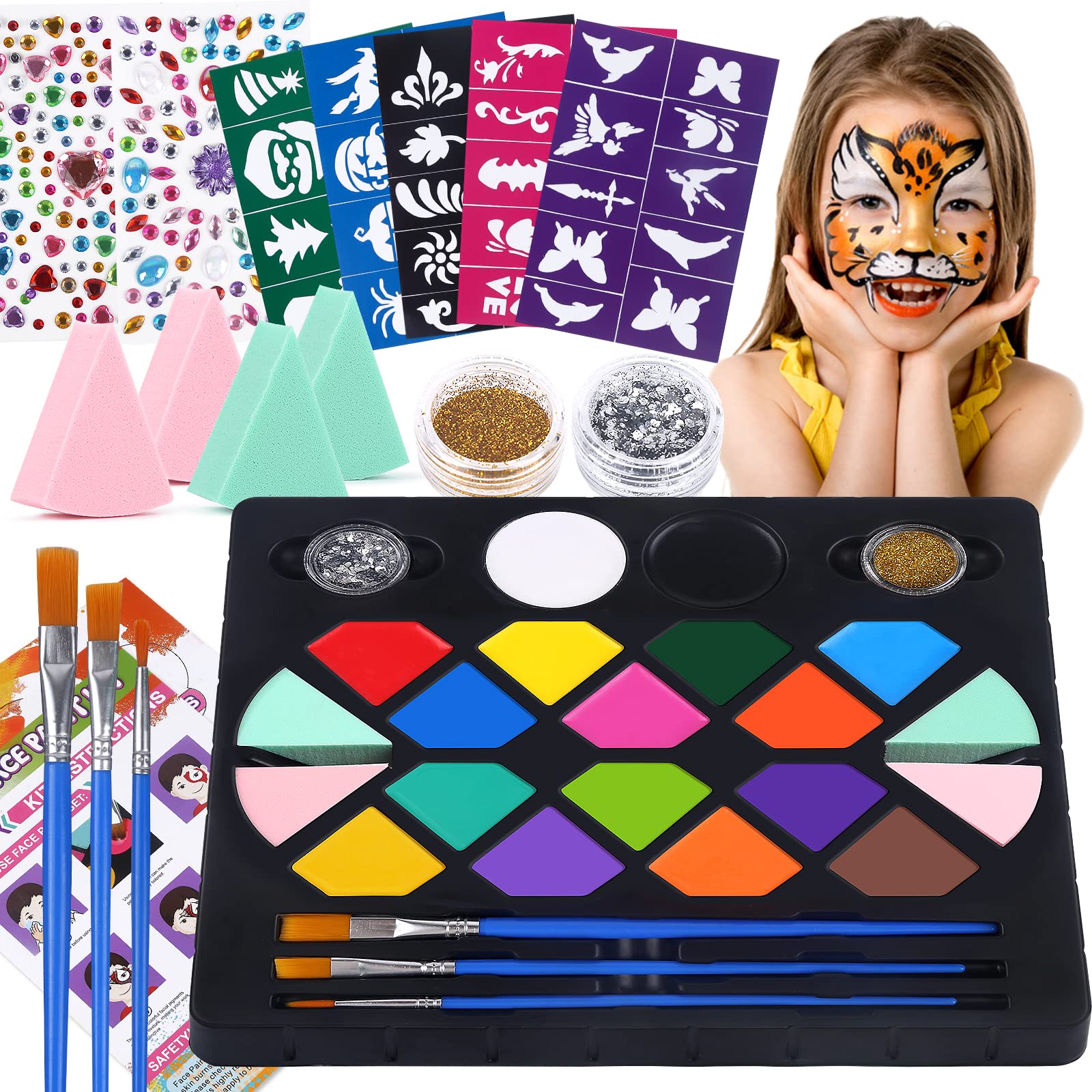 Face Paint Kit, Glitter Powder, Brushes, Sponges, and Stencils (10 Colors),  PACK - Food 4 Less