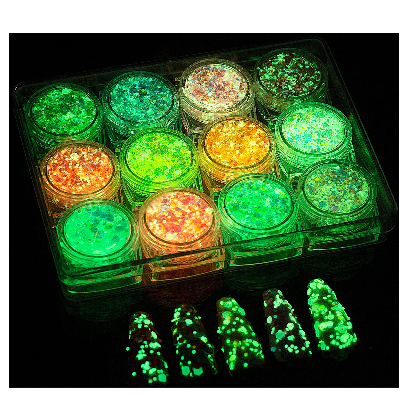 quckangy Glow in The Dark Body Face Glitter Gel 12 Colors Chunky Glitter for Nails High Luminous Iridescent Glitter Cosmetic Eyeshadow Loose Glow Glitter for