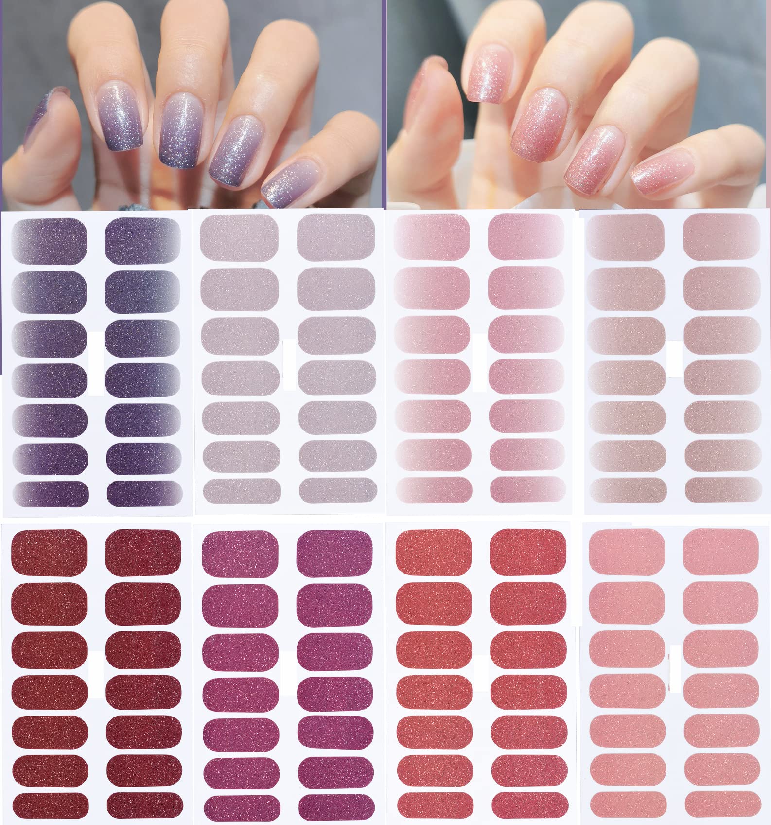 112 Pieces Nail Polish Sticker Full Wrap Nail Strip Supplies,8 Sheets  Gradient Purple, Pink Shiny