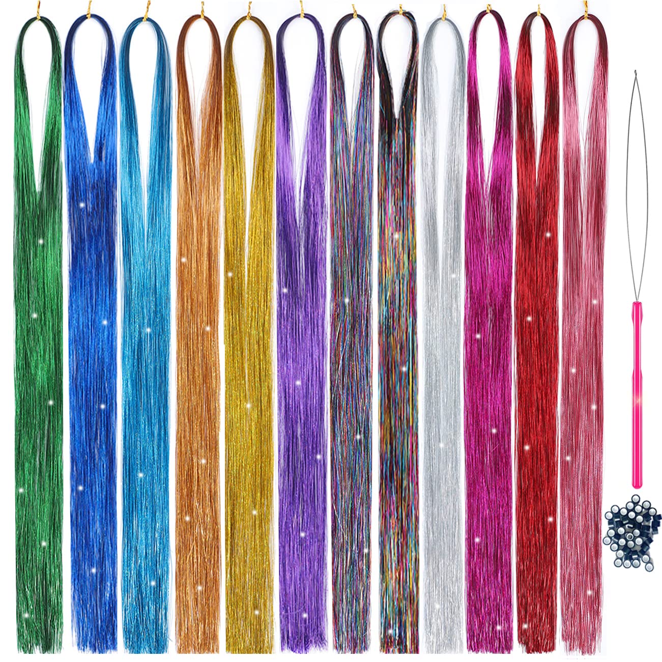 46 Inch Hair Tinsel With Tools 12 Colors 2000 Strands Hair Tinsel Kit  Glitter Hair Extensions Sparkling Shiny Hair Extensions Silk Fairy Hair  Tinsel Strands Kit Hair (46 Inch, 12 Colors)