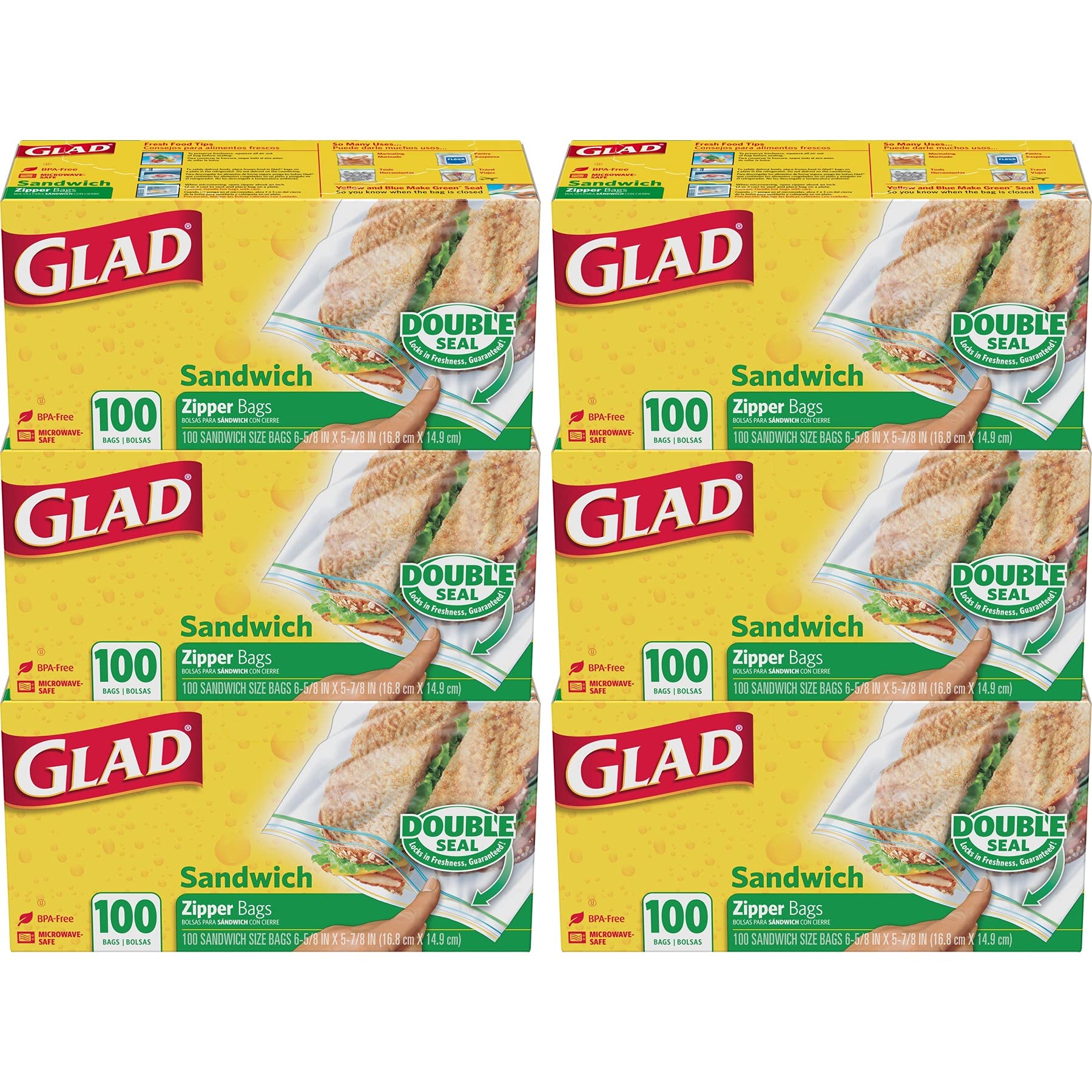 GLAD Zipper Food Storage Sandwich Bags, On-the-Go Snack and Lunch Bags,  Zipper Sandwich Sealer, Microwave Safe, BPA Free, 100 Count (Pack of 6)