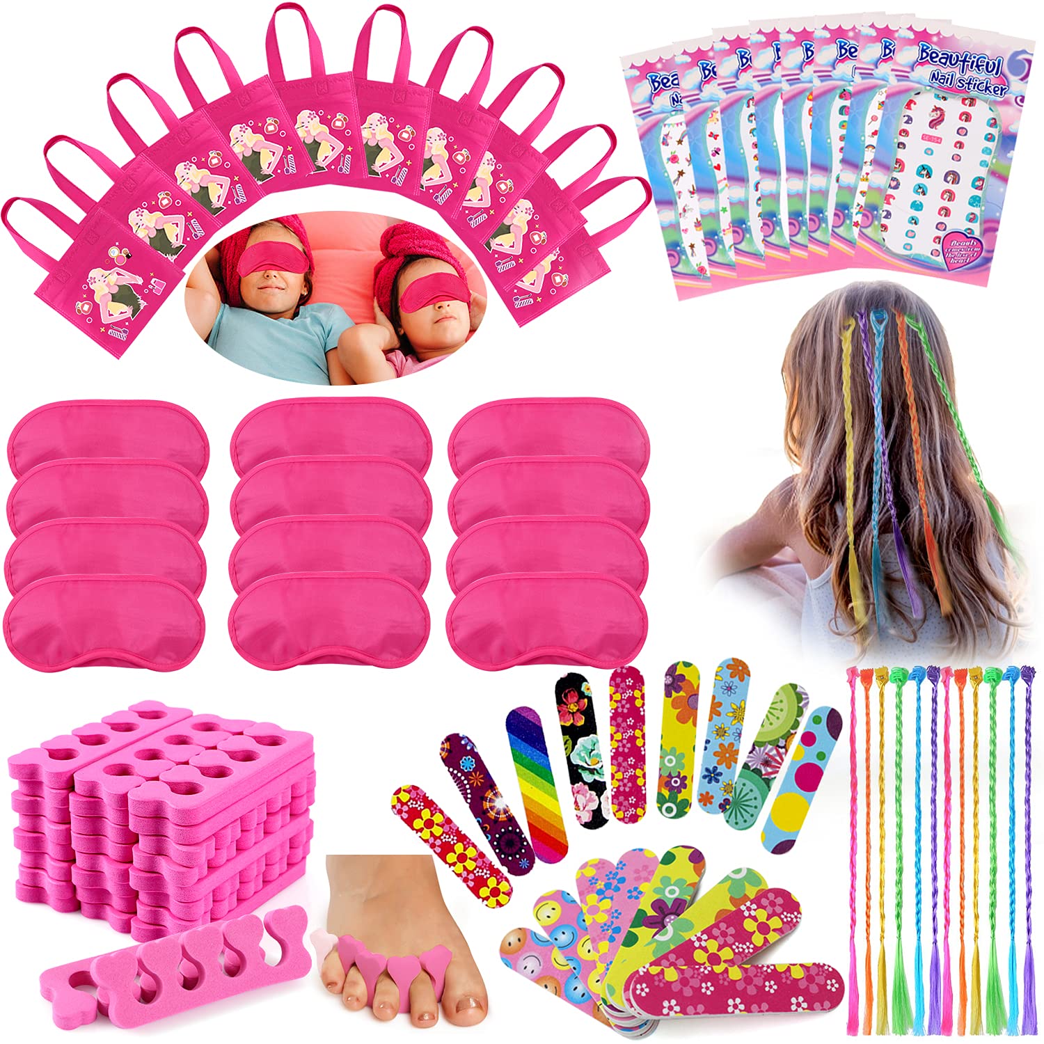 Tacobear Spa Party Supplies for Girls Multiple Spa Party Favors for Kids  with 12 Tote Bags 24 Emery Boards 12 Colored Hair Clip Braids 24 Toe  Separators 12 Pink Spa Masks 12 Unicorn Nail Decal Sets