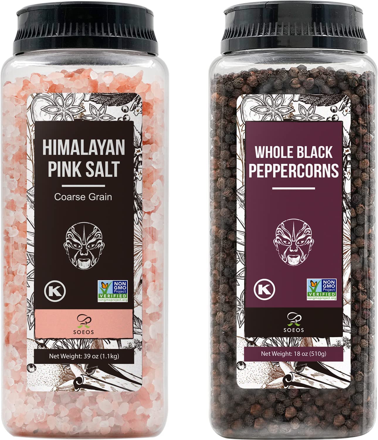 Soeos Himalayan Pink Salt 39 oz + Whole Black Peppercorns 18 oz